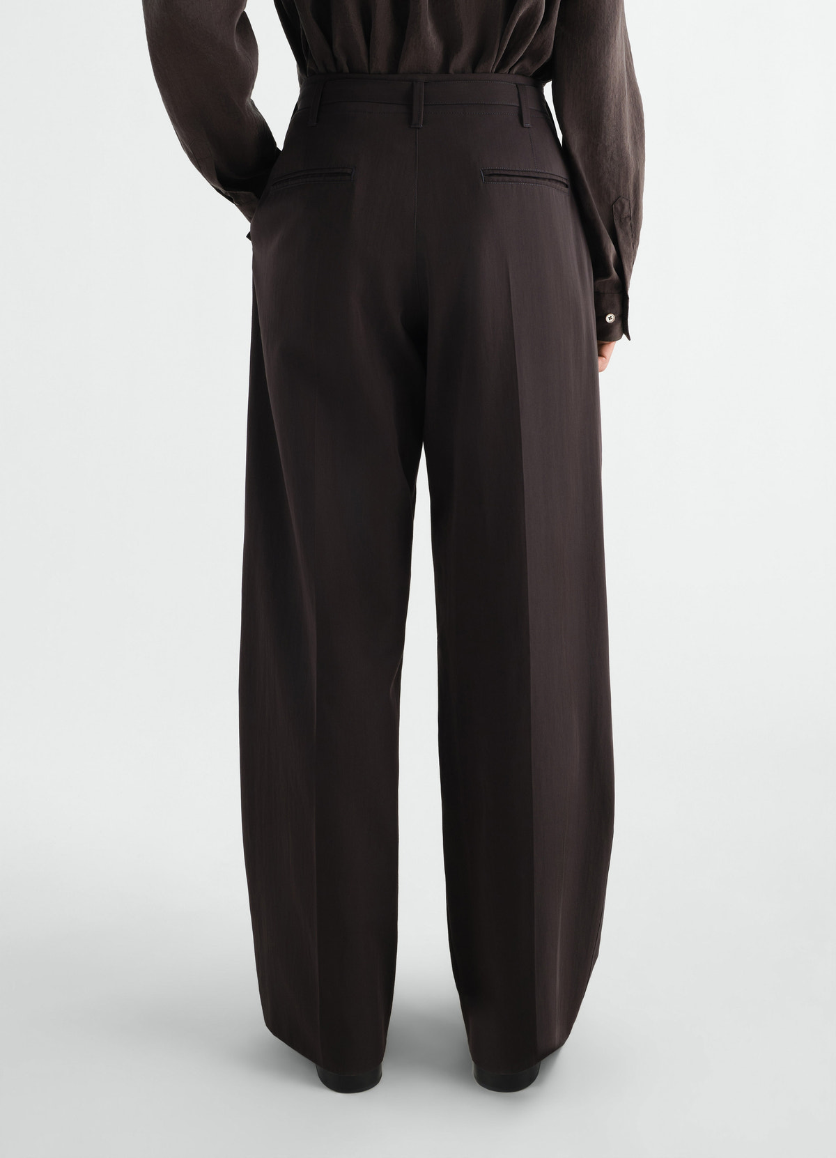 Wide pleated wool gabardine pants in dark brown by lemaire worn by a model back view