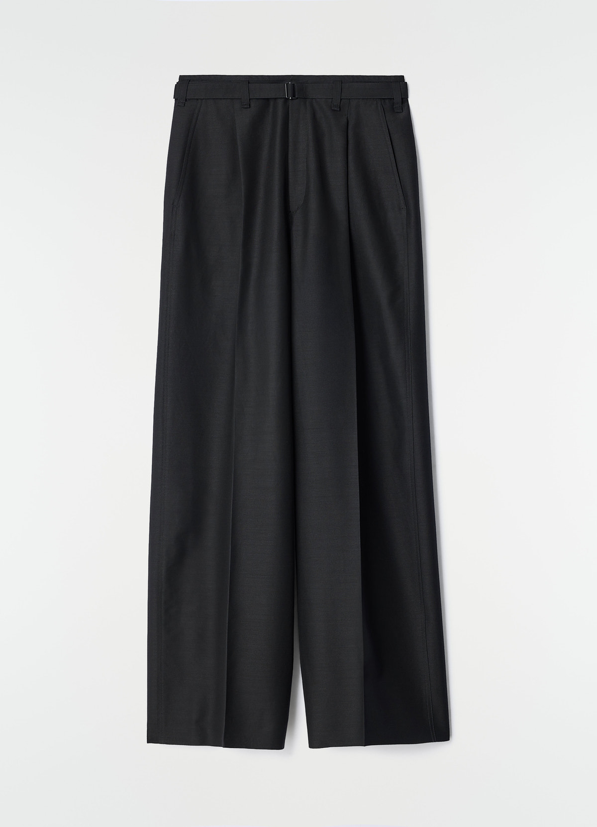 Wide pleated black wool and mohair pants with belt detail lemaire flat lay on white background