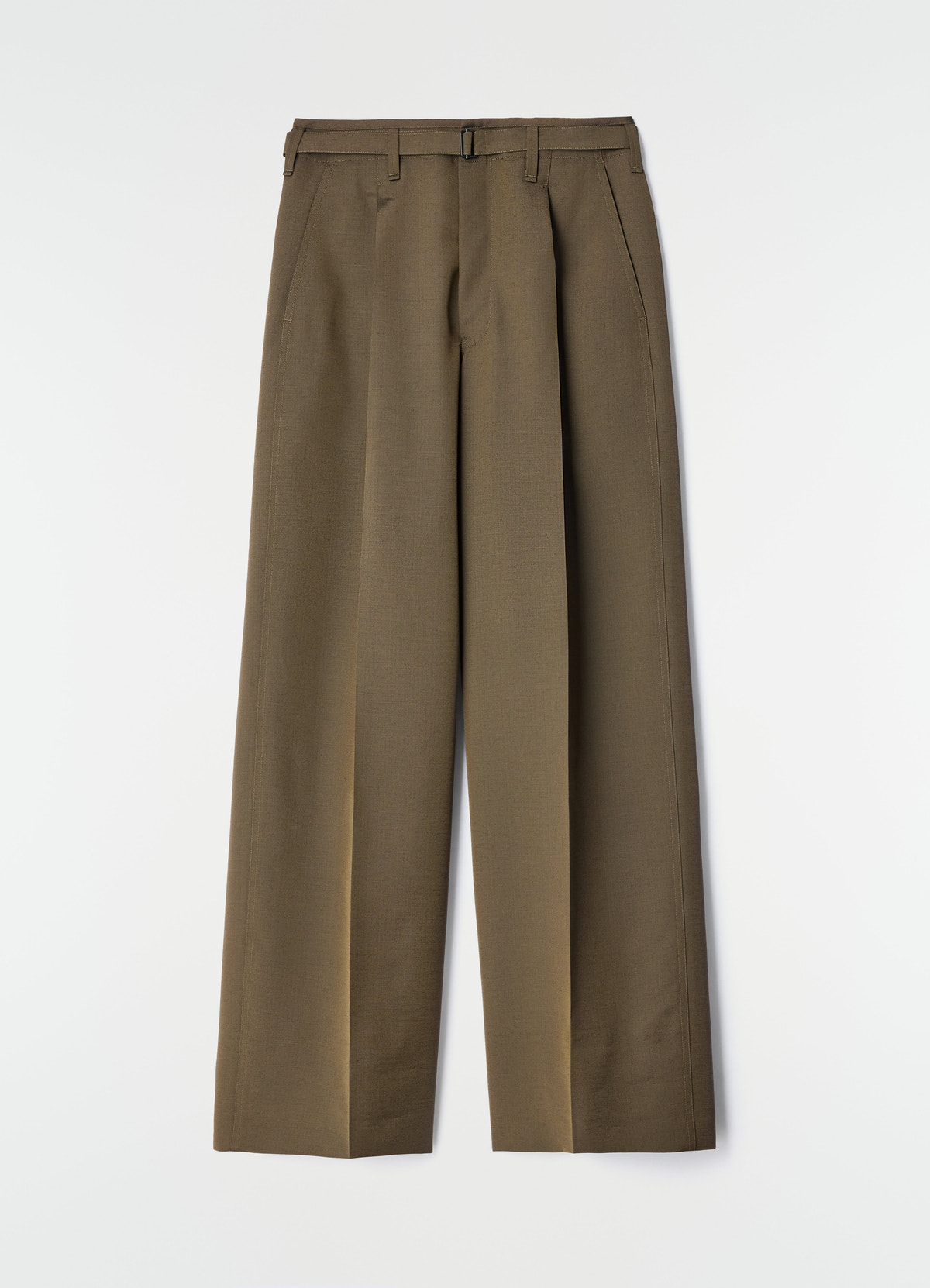 Wide pleated wool and mohair pants in olive green with belt detail lemaire flat lay on white background