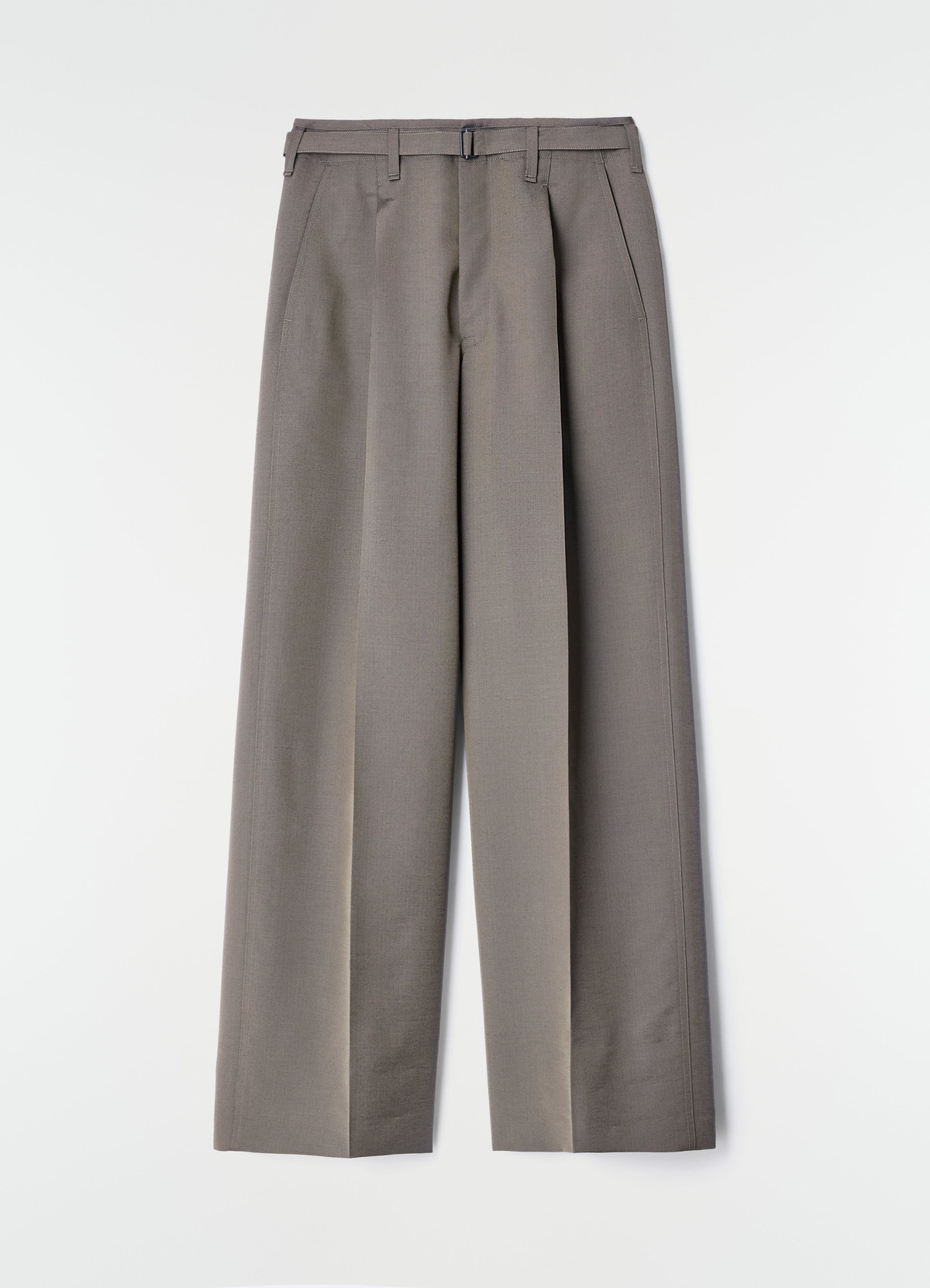Wide pleated grey wool mohair pants by lemaire flat lay on white background showing front detail