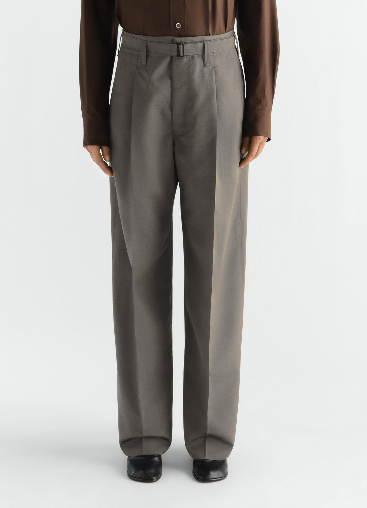 Wide pleated grey wool mohair pants worn by model front view lemaire