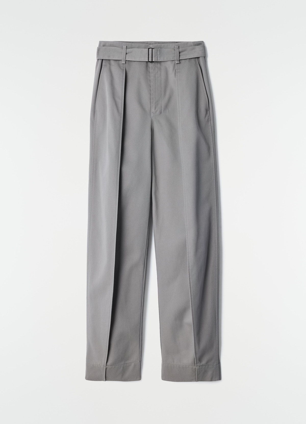 Hose mit abgerundetem schnitt aus poly-baumwoll-twill, in grau, produktansicht vor weißem hintergrund, gürtel sichtbar