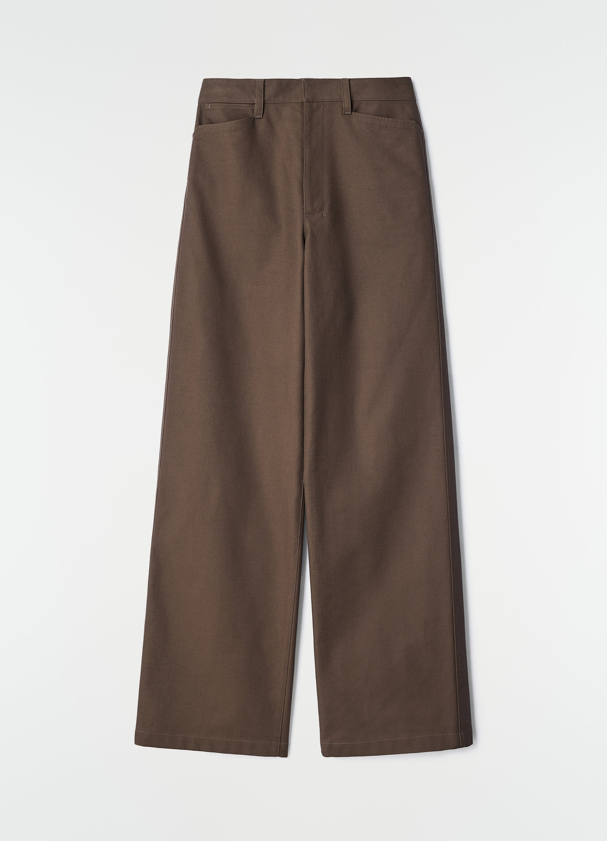 Straight brown heavy cotton twill pants by lemaire flat lay showing front pockets and belt loops