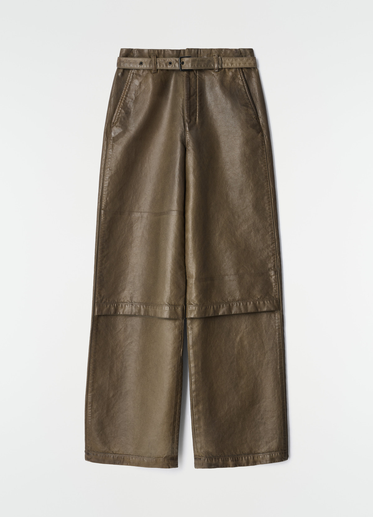 Work pants in olive coated broken twill with belt by lemaire flat lay on white background