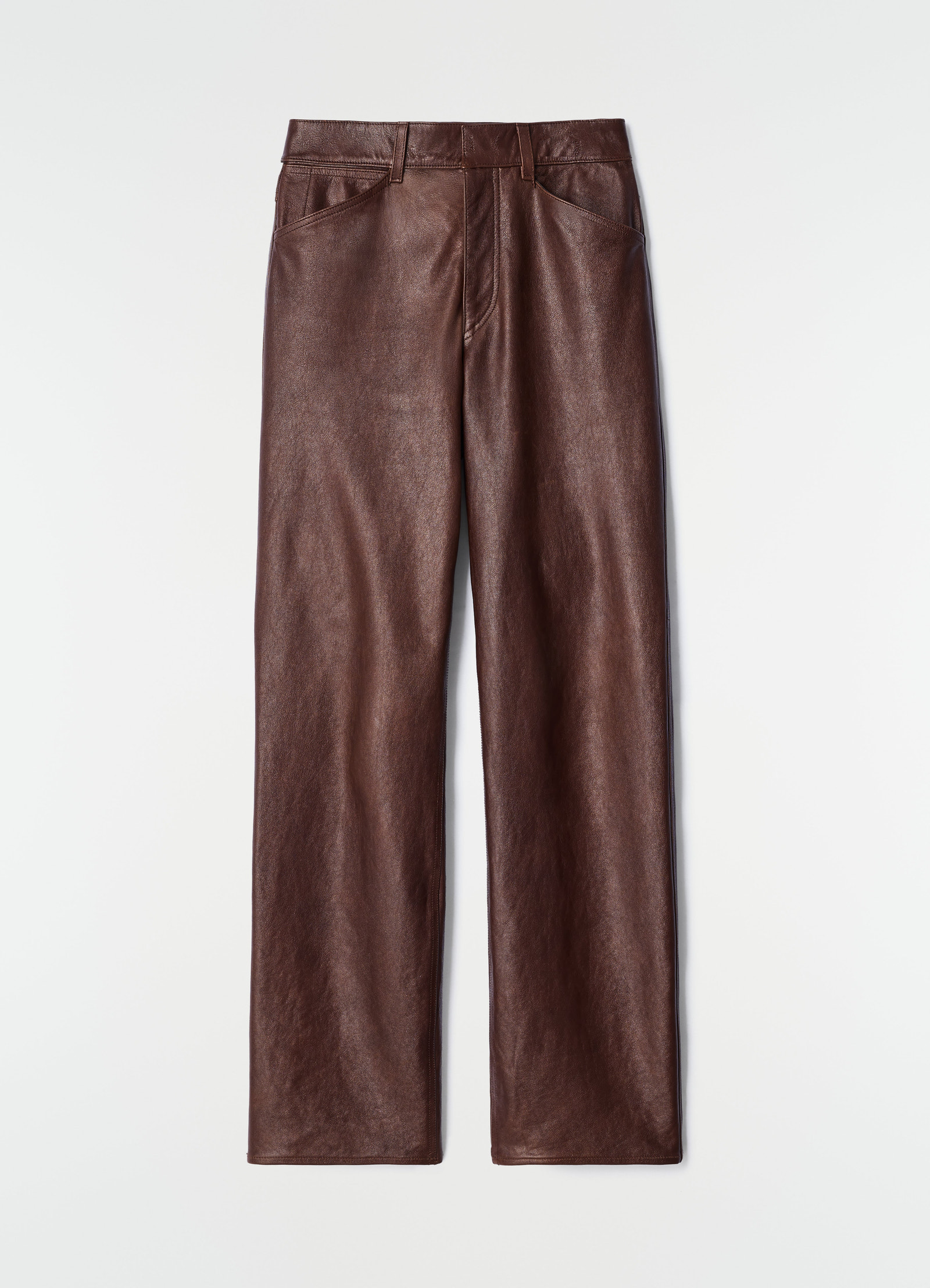 Straight brown glossy leather pants with belt loops by lemaire flat lay on white background