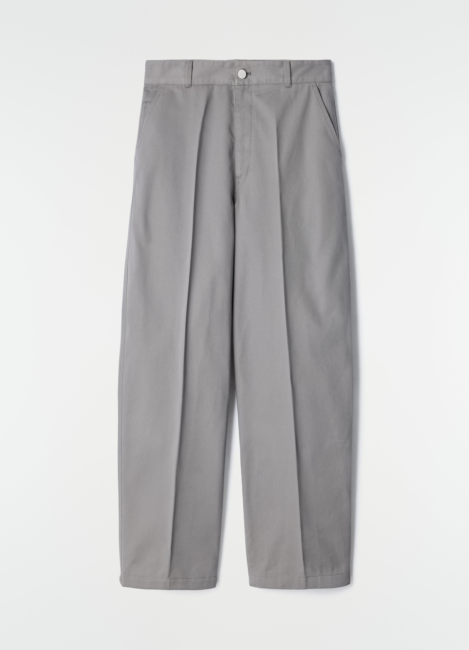 Barrel hose aus poly-baumwoll-twill, in grau, flach liegend, taschen sichtbar, falten sichtbar