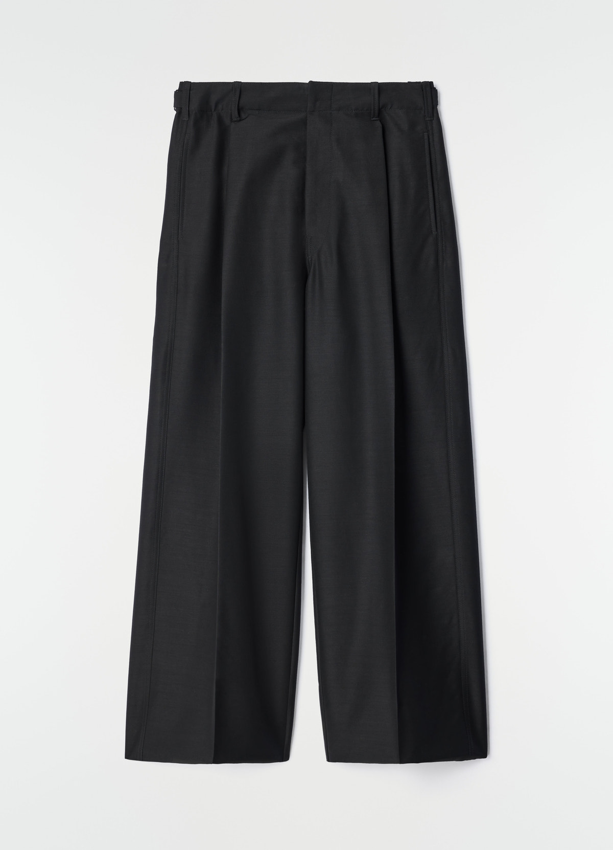 Single-pleat black wool and mohair tailored pants by lemaire flat lay on white background