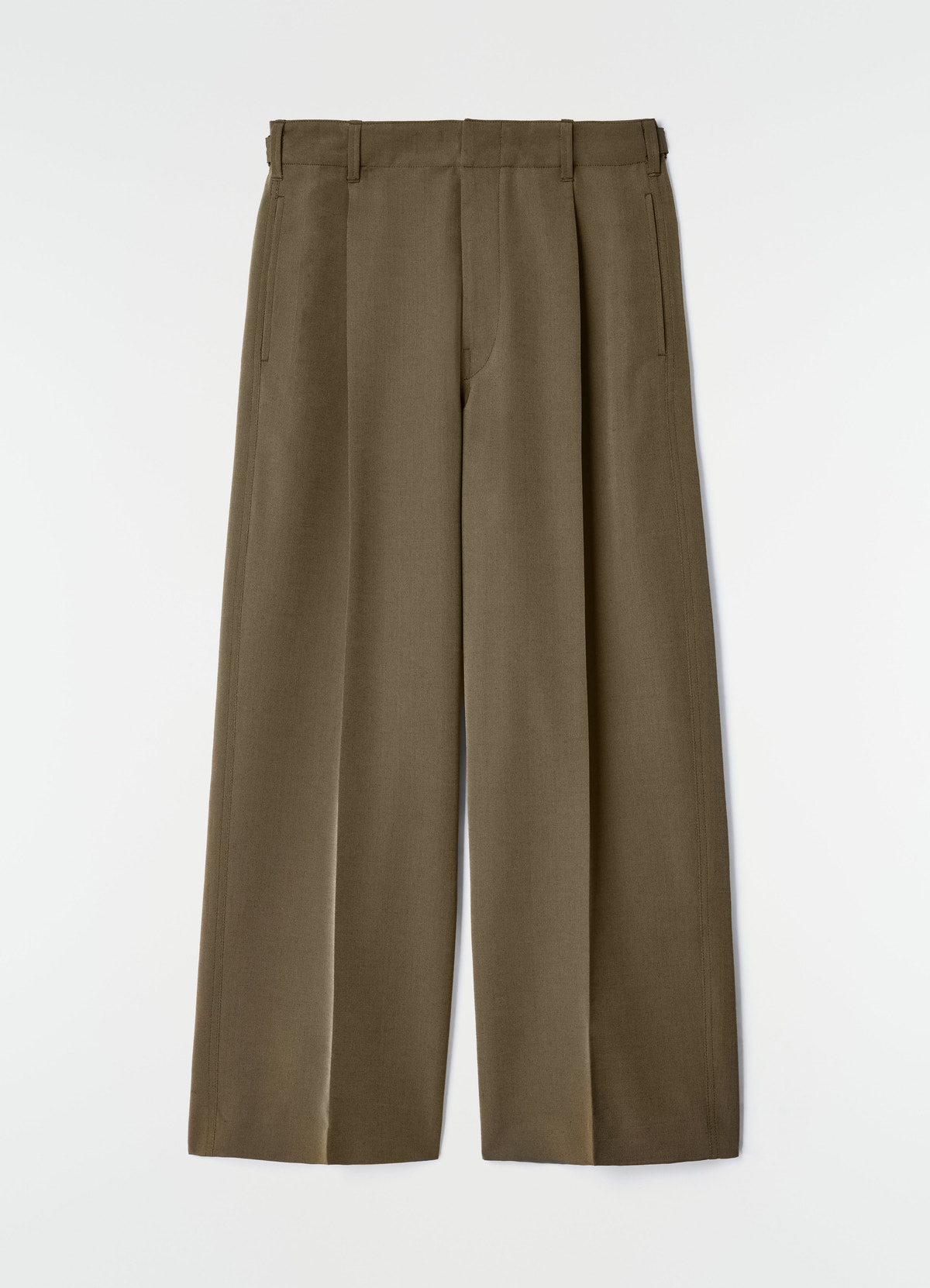 Single-pleat wool and mohair brown tailored pants by lemaire flat lay on white background