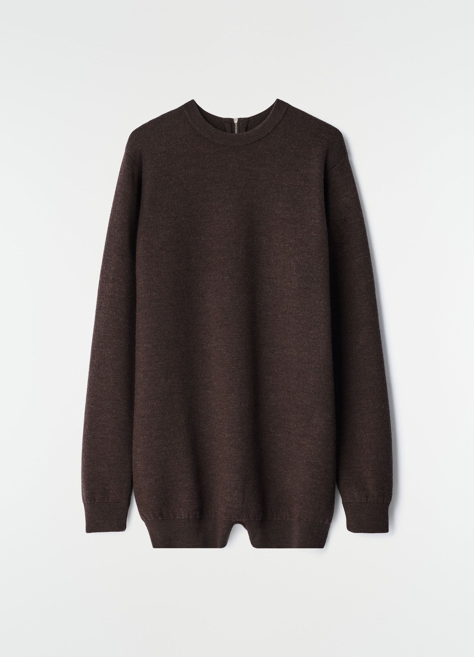Brown felted merino wool sweater with zipper back and ribbed cuffs by lemaire on plain white background