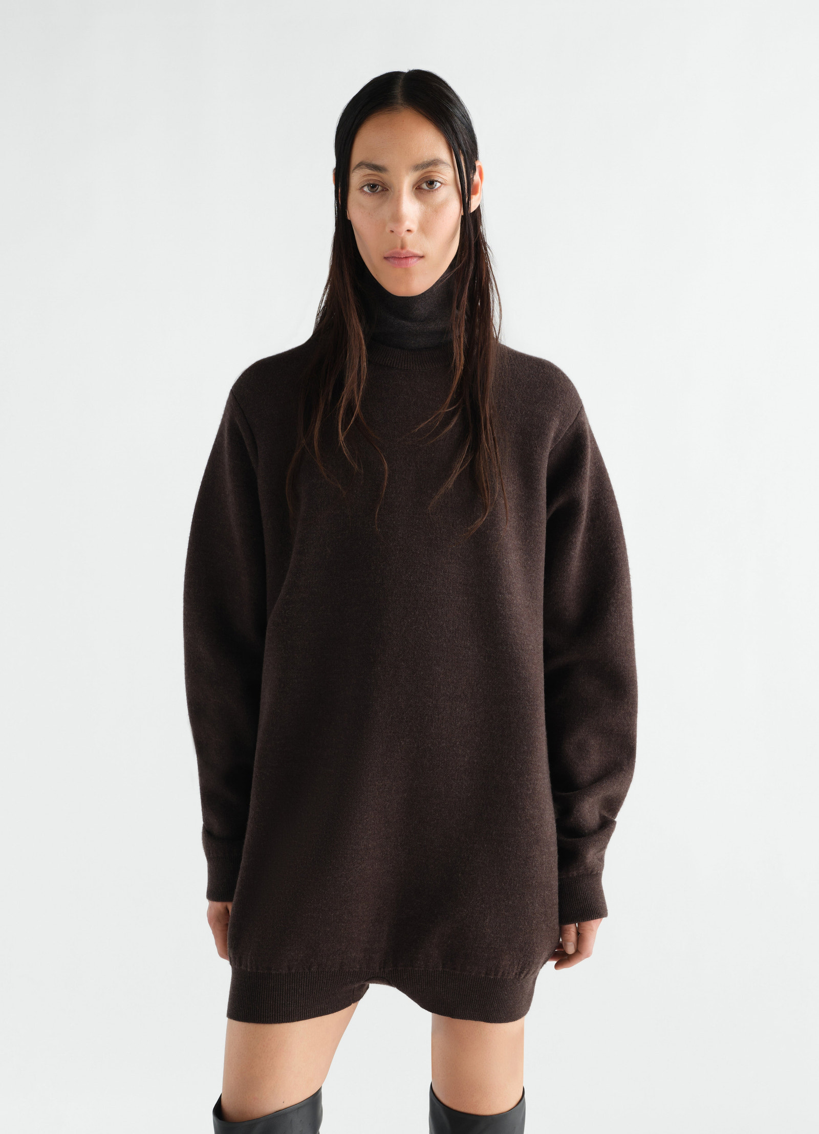 Relaxed brown felted merino wool turtleneck dress worn by model front lemaire
