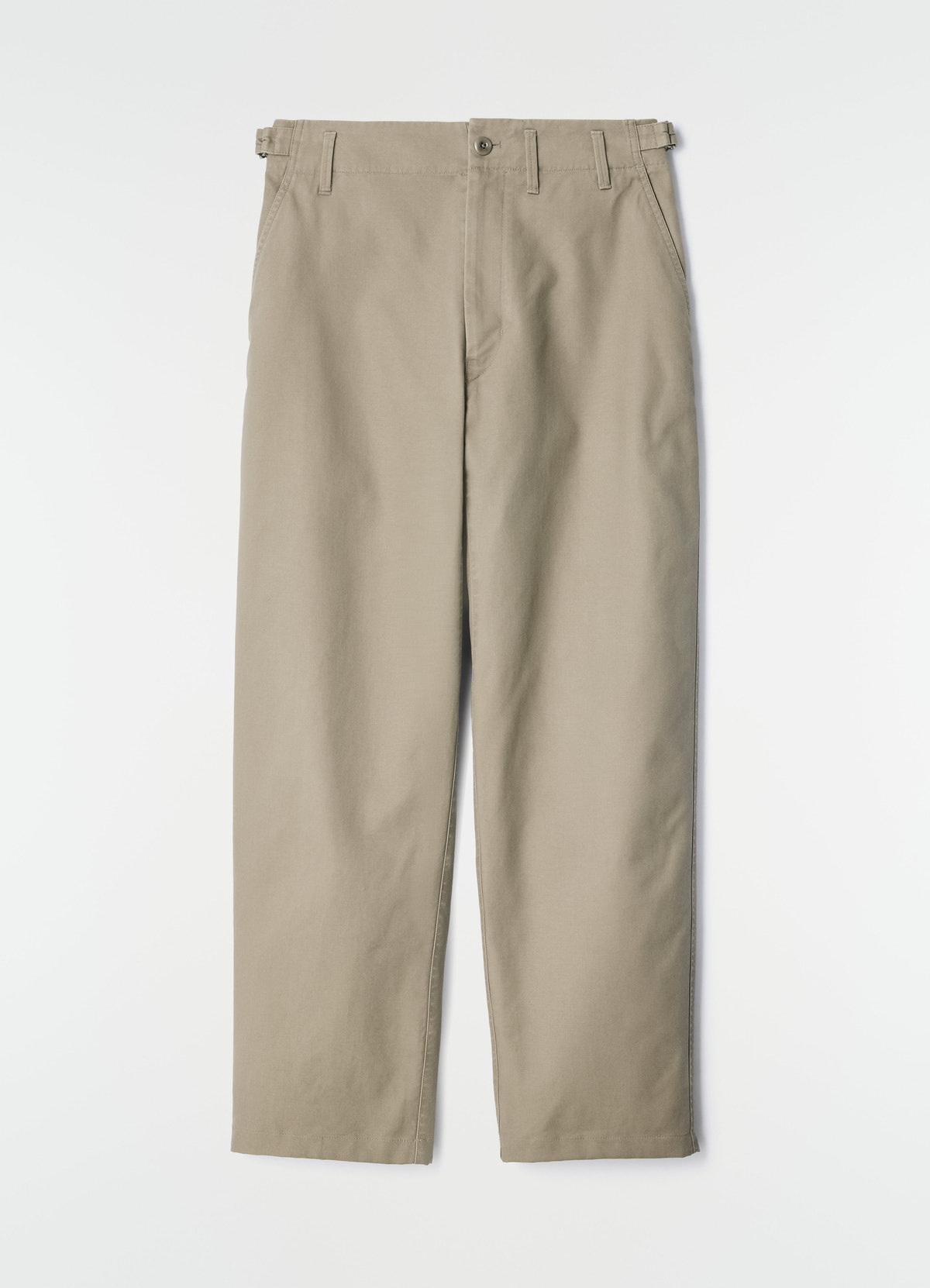 Tapered beige heavy cotton twill pants by lemaire flat lay on white background with belt detail.