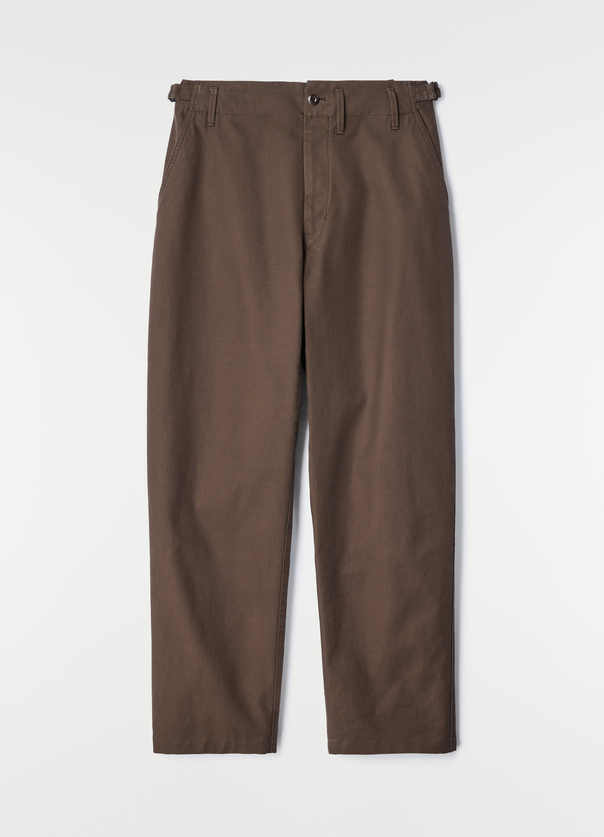Tapered brown heavy cotton twill pants by lemaire flat lay front view with buckle side tabs detail