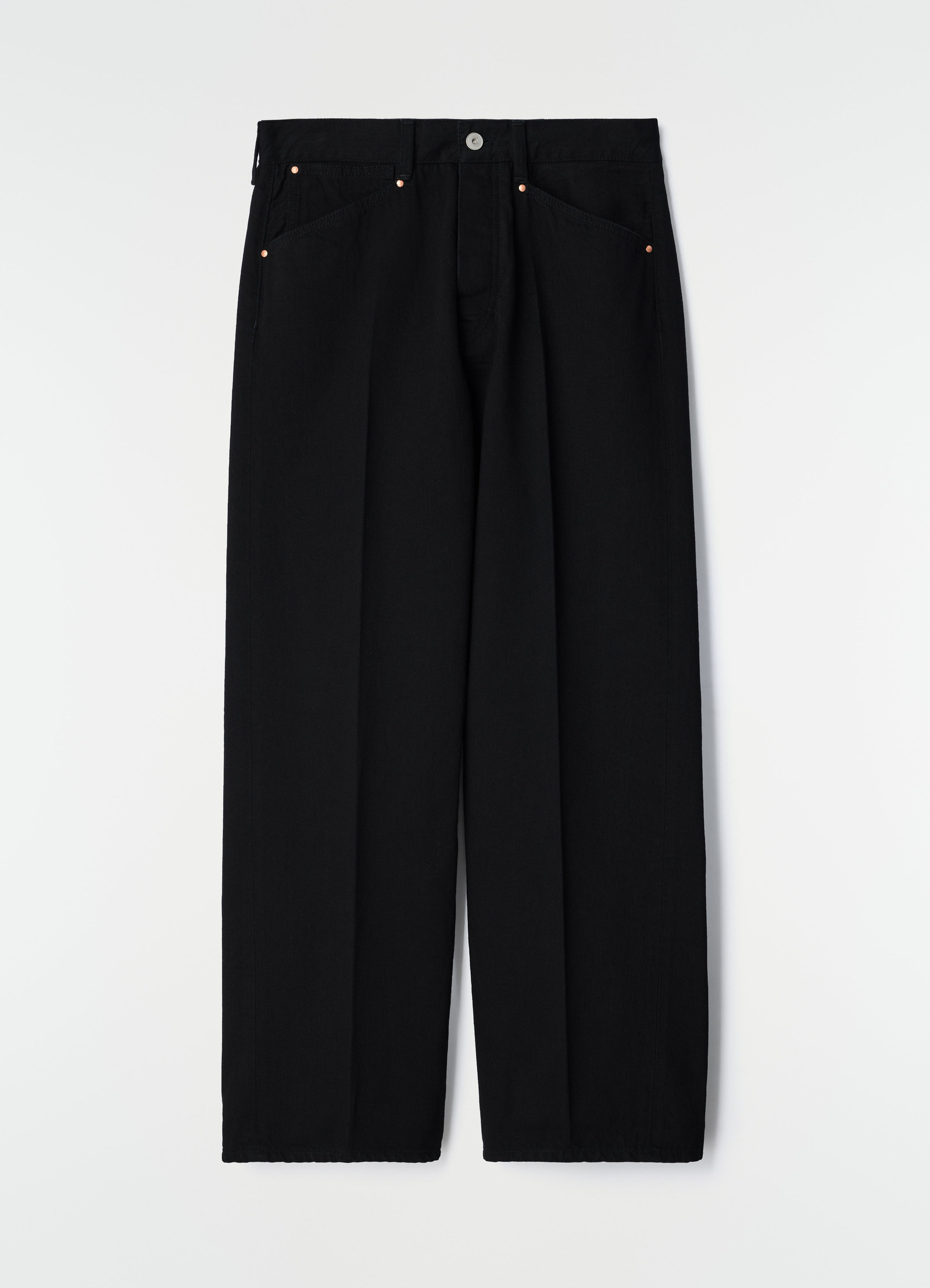 Straight black selvedge denim pants with five pockets by lemaire flat lay on white background