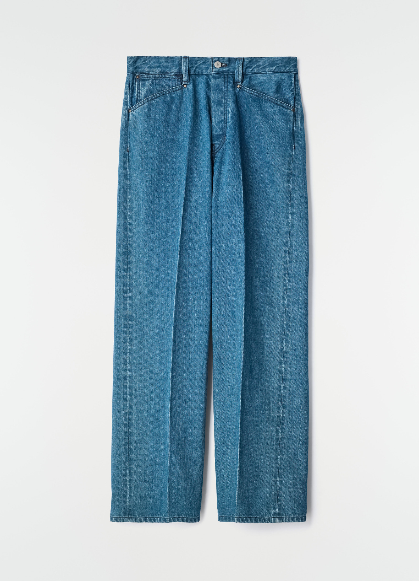 Straight five-pocket indigo selvedge denim pants in cotton by lemaire flat lay on white background