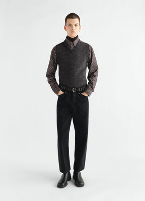 Straight five-pocket black washed selvedge denim pants lemaire worn by model front view