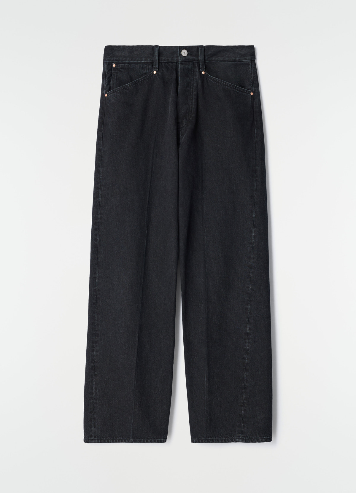 Straight black washed selvedge denim pants with five pockets lemaire on white background front view, primary product shot