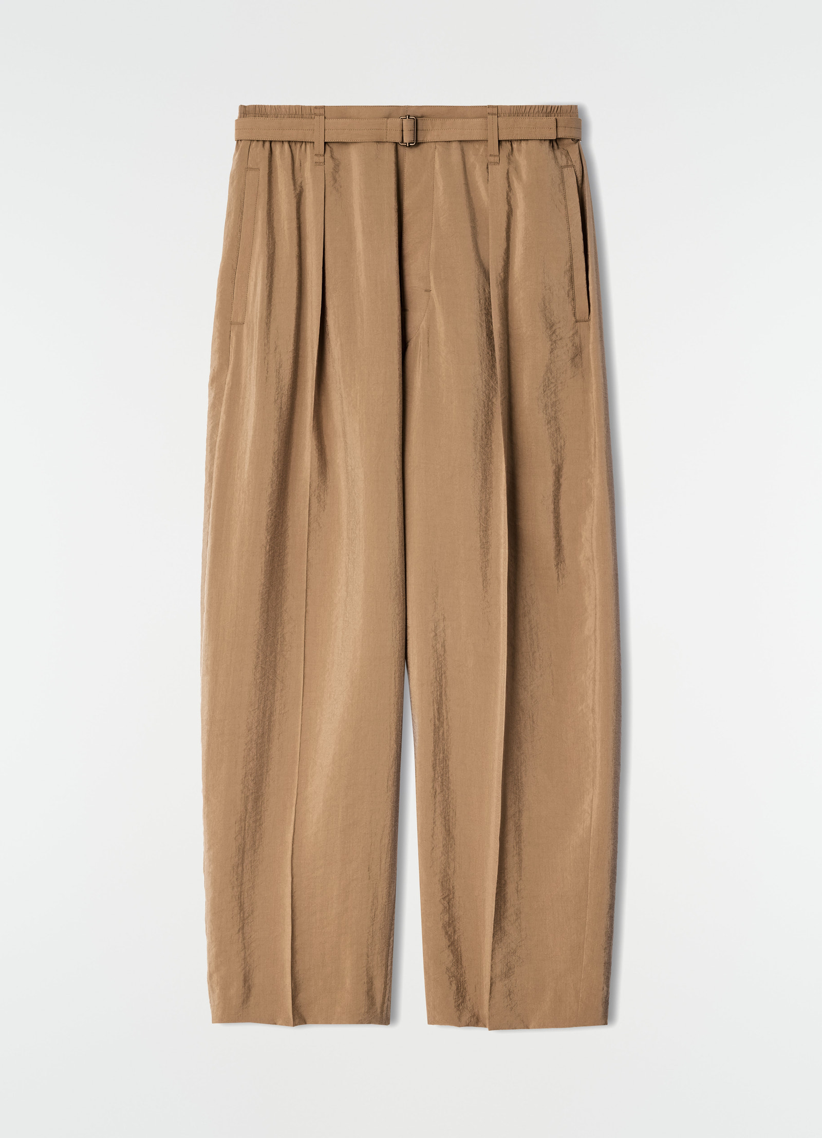 Belted relaxed dry silk pants in camel brown with pleats and side pockets lemaire flat lay on white background