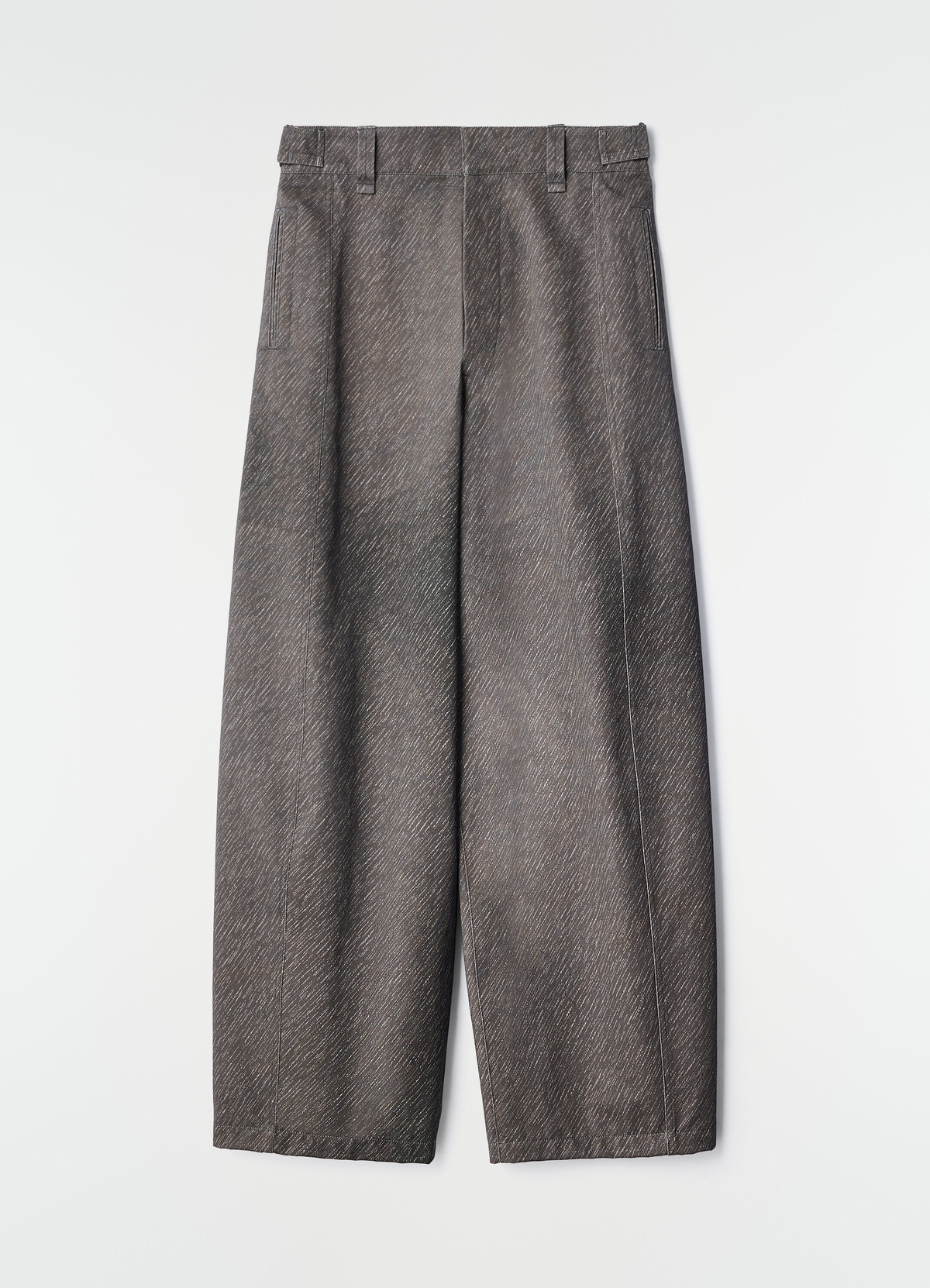 Maxi pants in grey diagonal printed cotton with belt loops lemaire flat lay on white background