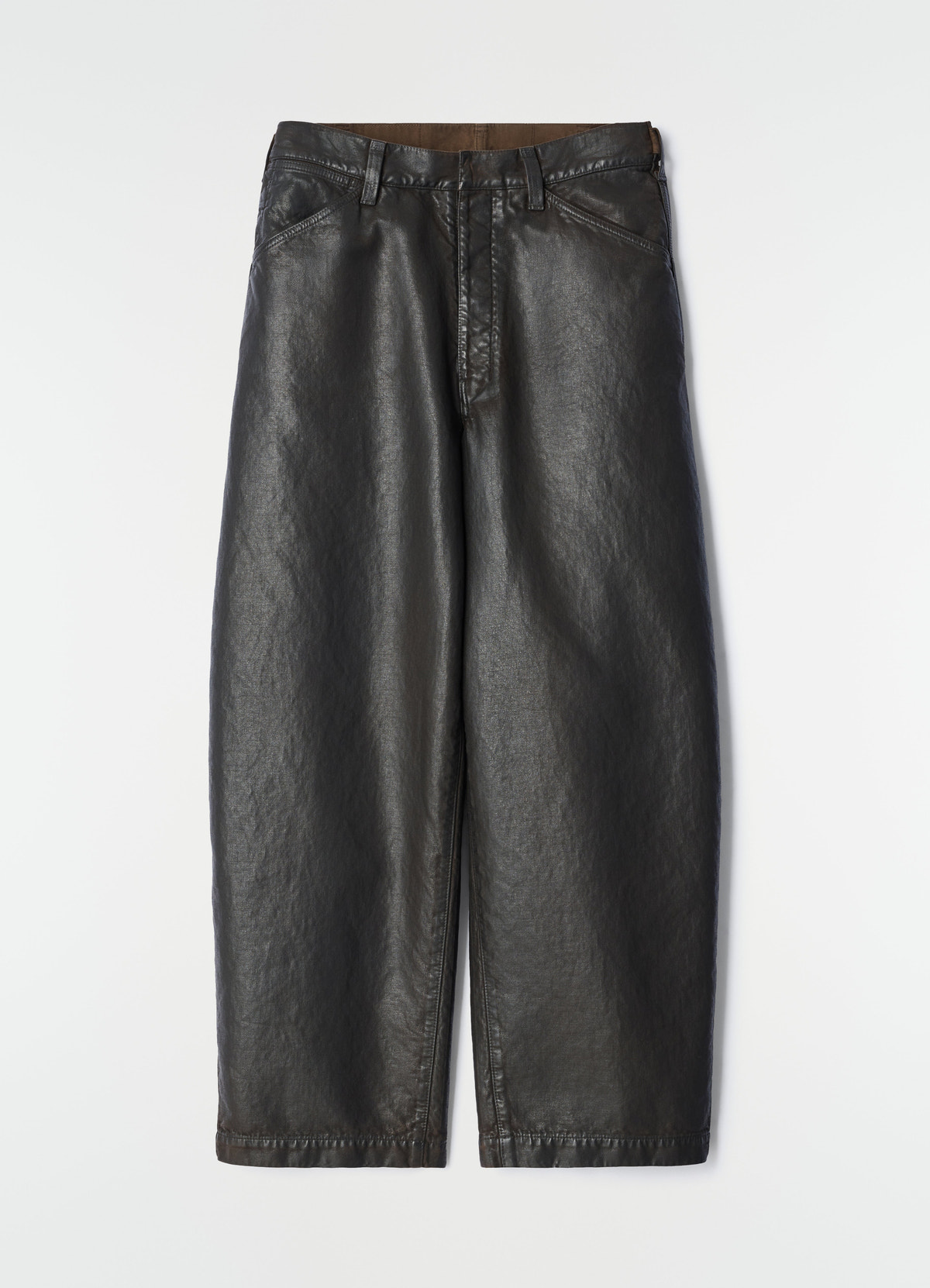 Oversized black coated denim workwear pants by lemaire front flat lay on white background