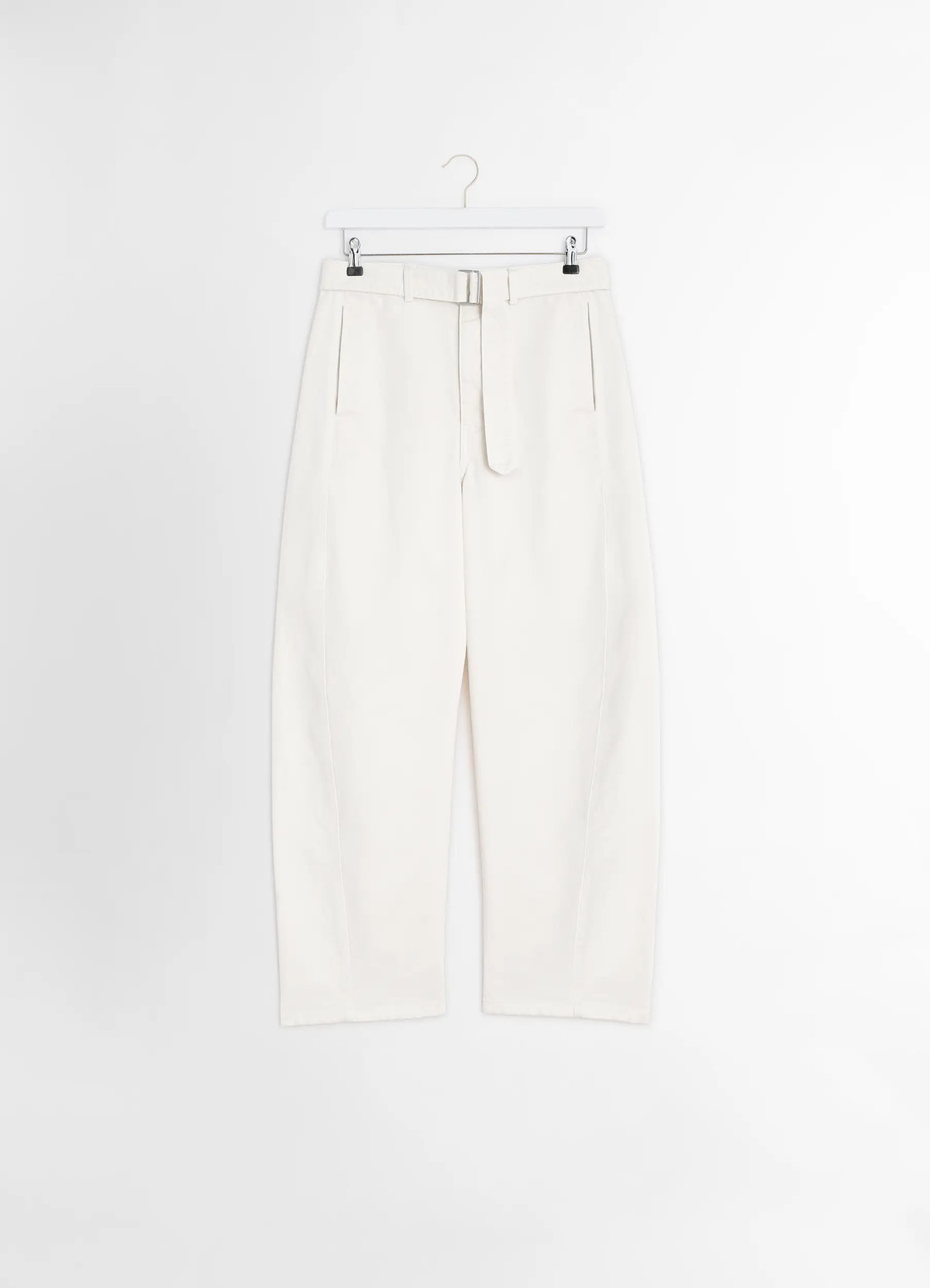 Lemaire twisted belted pants in garment dyed snow heavy denim, product shot, hanger front view tapered wide leg