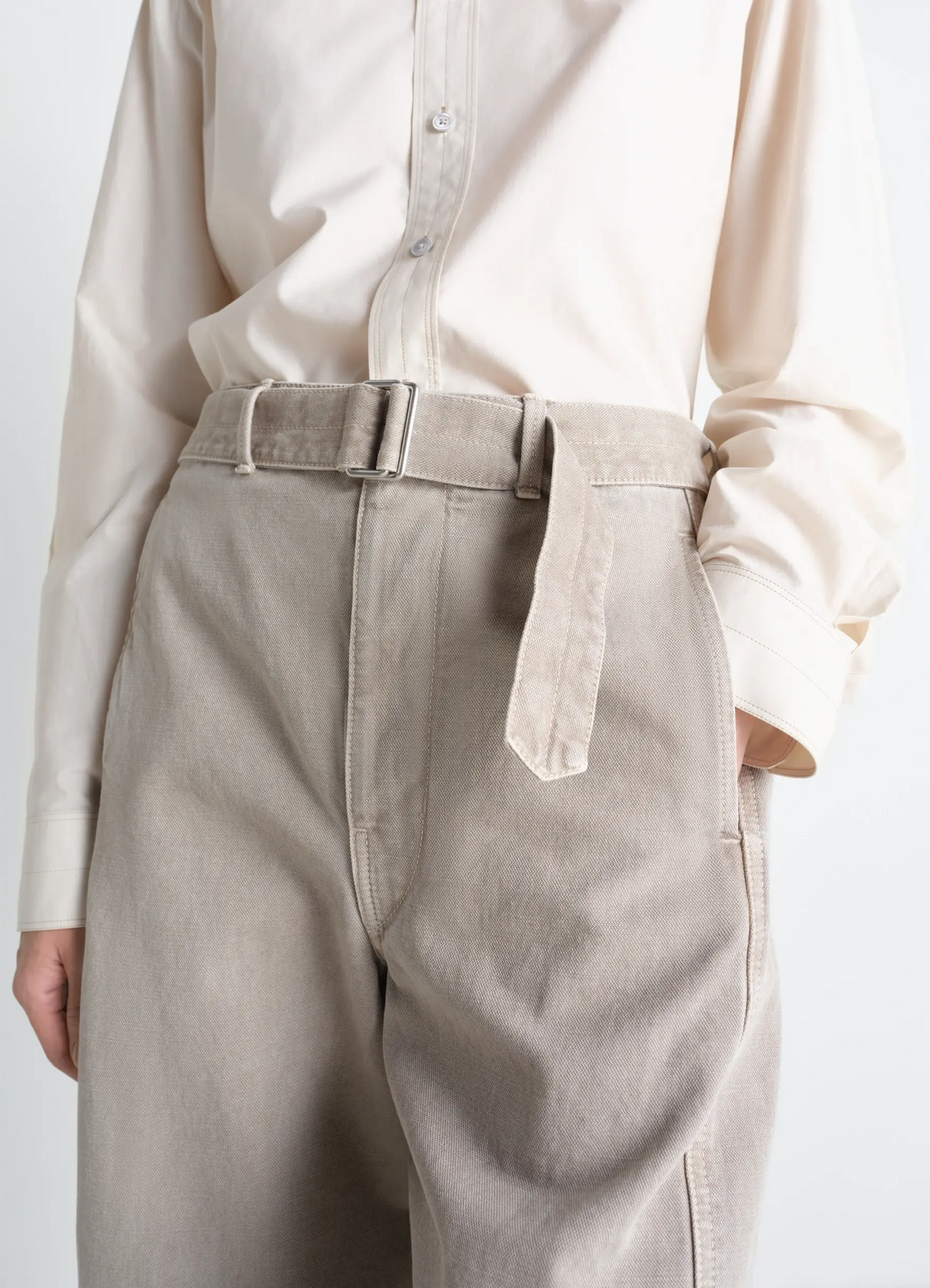 TWISTED BELTED PANTS IN HEAVY BROKEN TWILL SNOW