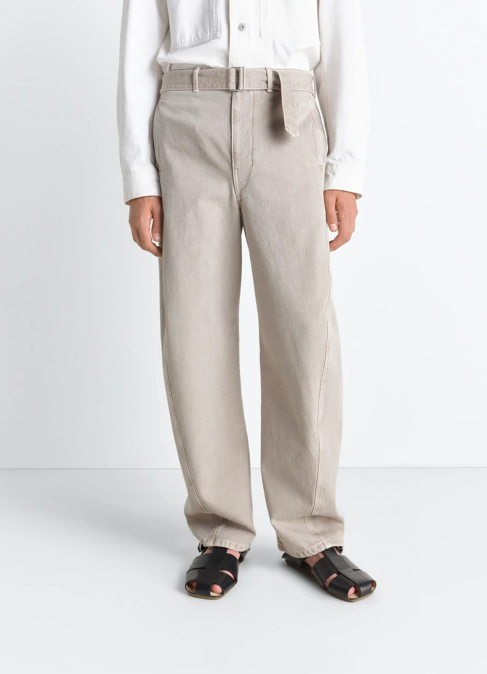 Twisted belted pants in heavy broken twill snow