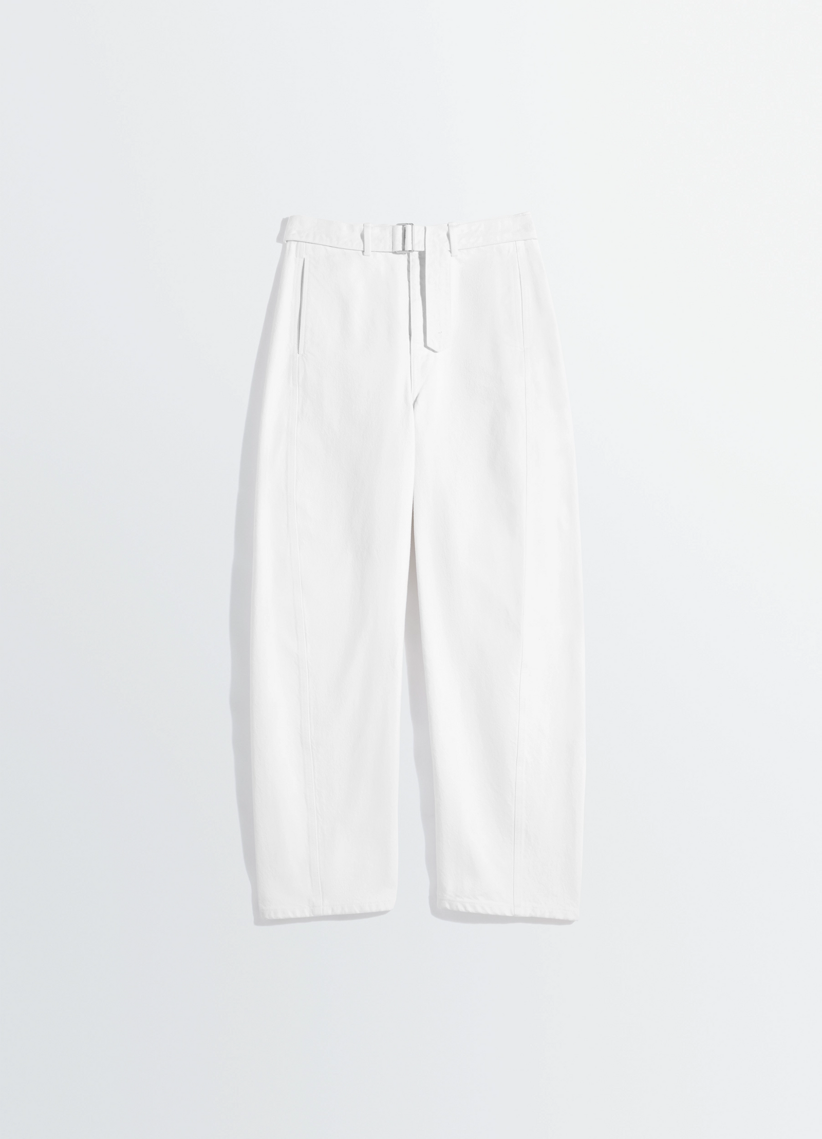 Twisted belted pants in denim in bleached denim, product shot, hanging full length view belted high waist, straight cut