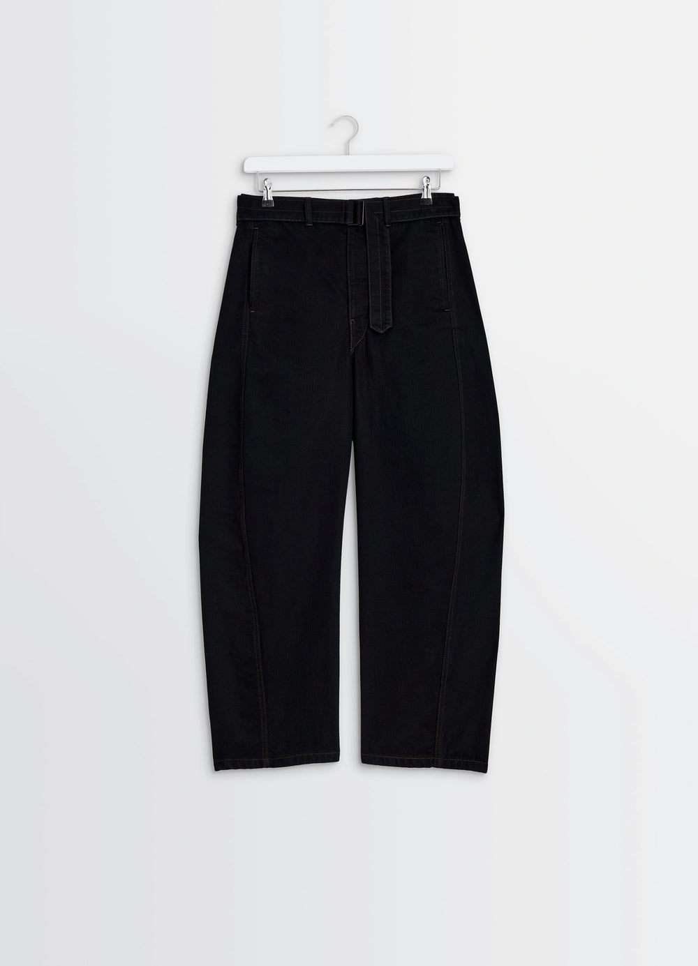 Lemaire Twisted Belted Pants in Deep Black Heavy Denim, product shot, hanger straight view tapered and cuffed leg