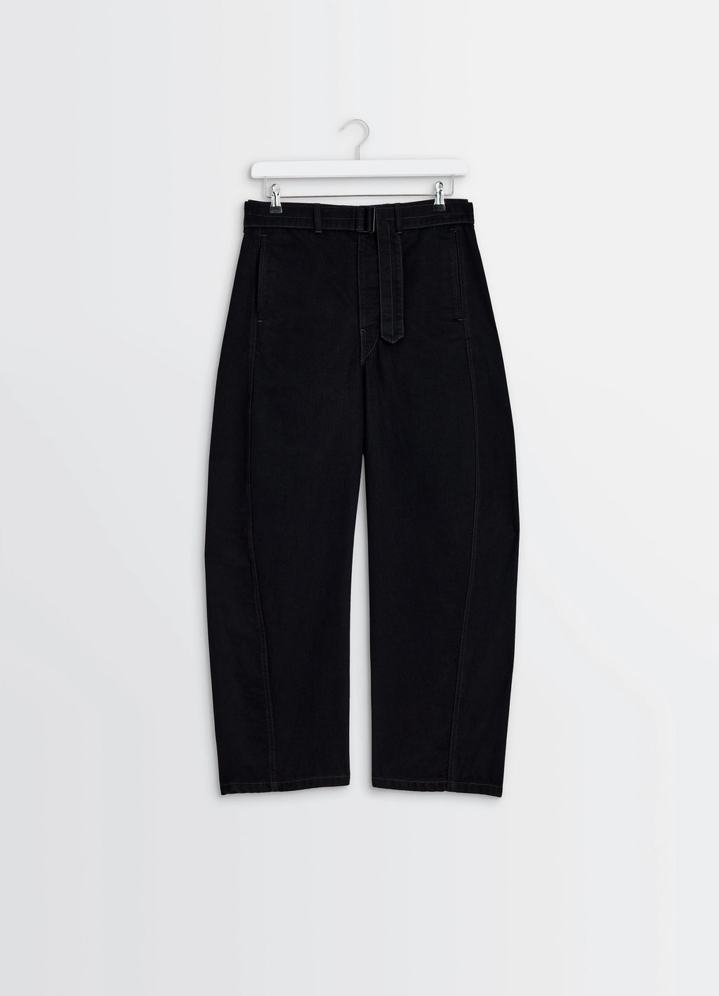 Lemaire Twisted Belted Pants in Deep Black Heavy Denim, product shot, hanger straight view tapered and cuffed leg