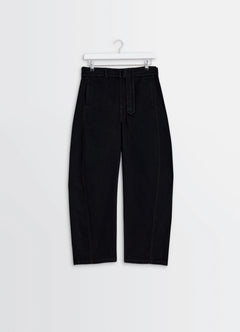 Lemaire Twisted Belted Pants in Deep Black Heavy Denim, product shot, hanger straight view tapered and cuffed leg