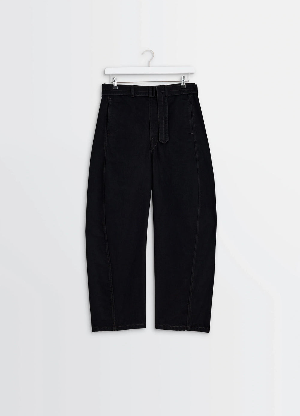 Lemaire Twisted Belted Pants in Deep Black Thick Denim, product shot, hanger shot belted with twisted seams