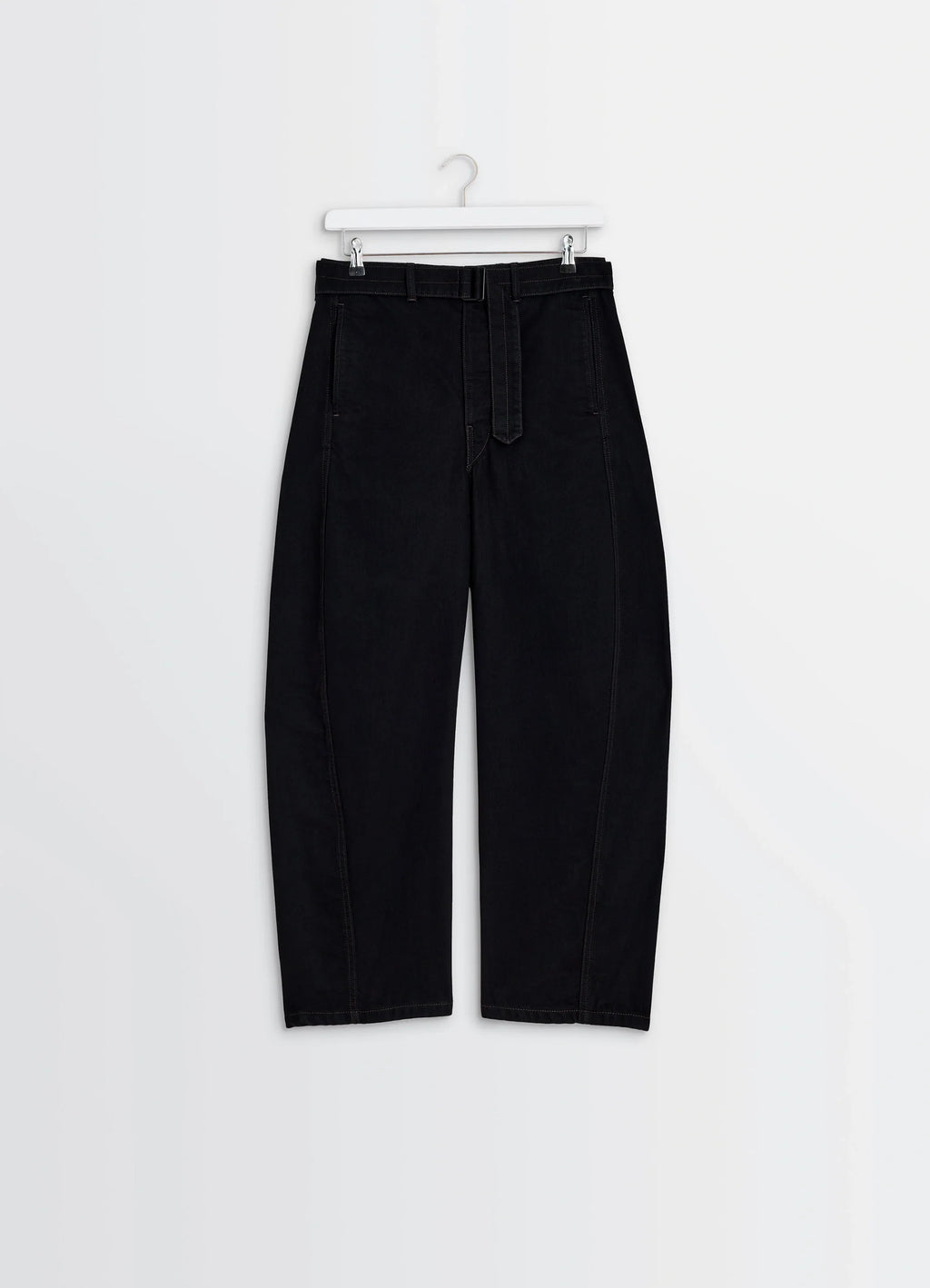 Lemaire Twisted Belted Pants in Deep Black Thick Denim, product shot, hanger shot belted with twisted seams