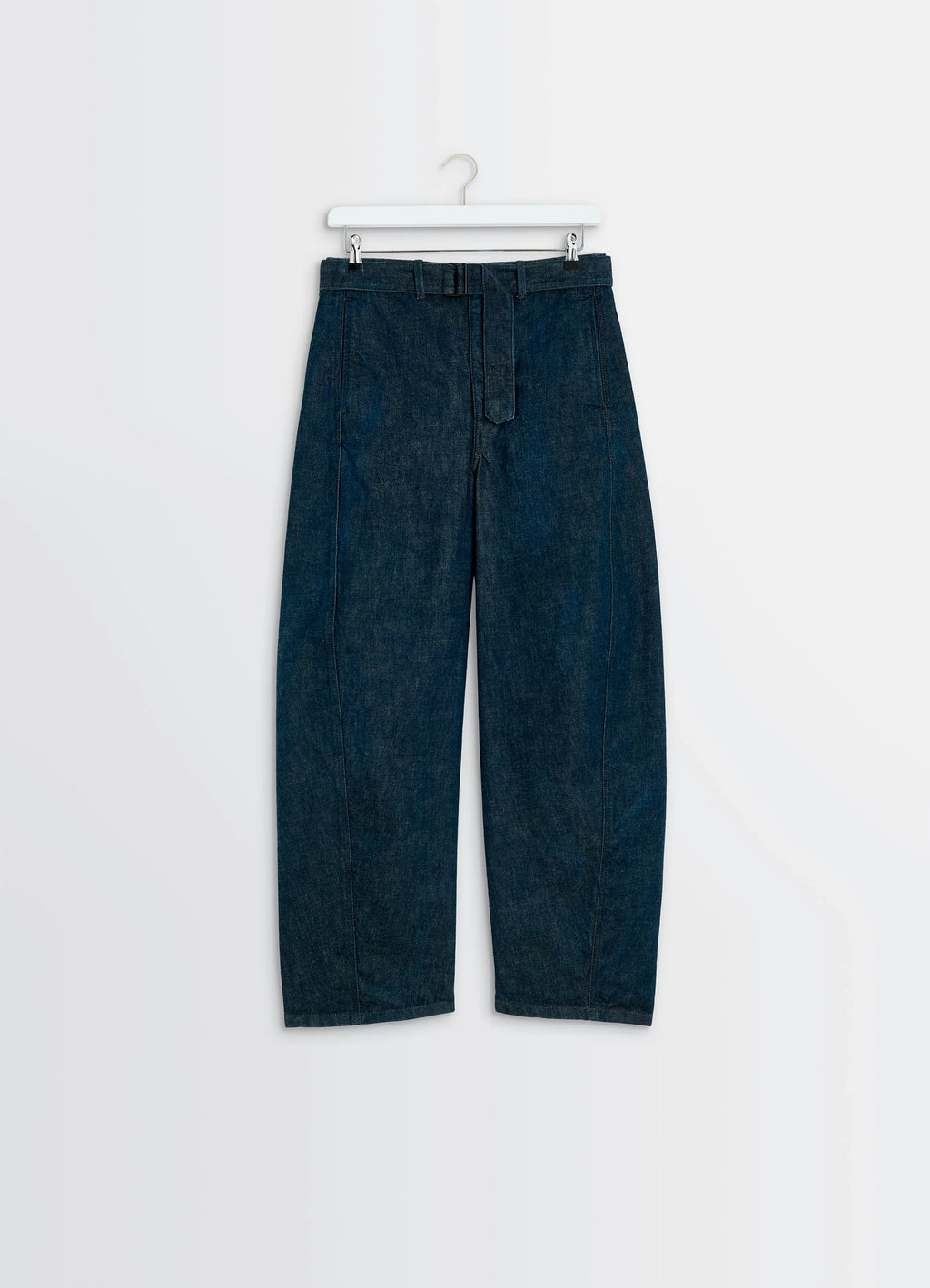 Lemaire Twisted Belted Pants in Deep Indigo Heavy Denim, product shot, hanging view belt loop detail