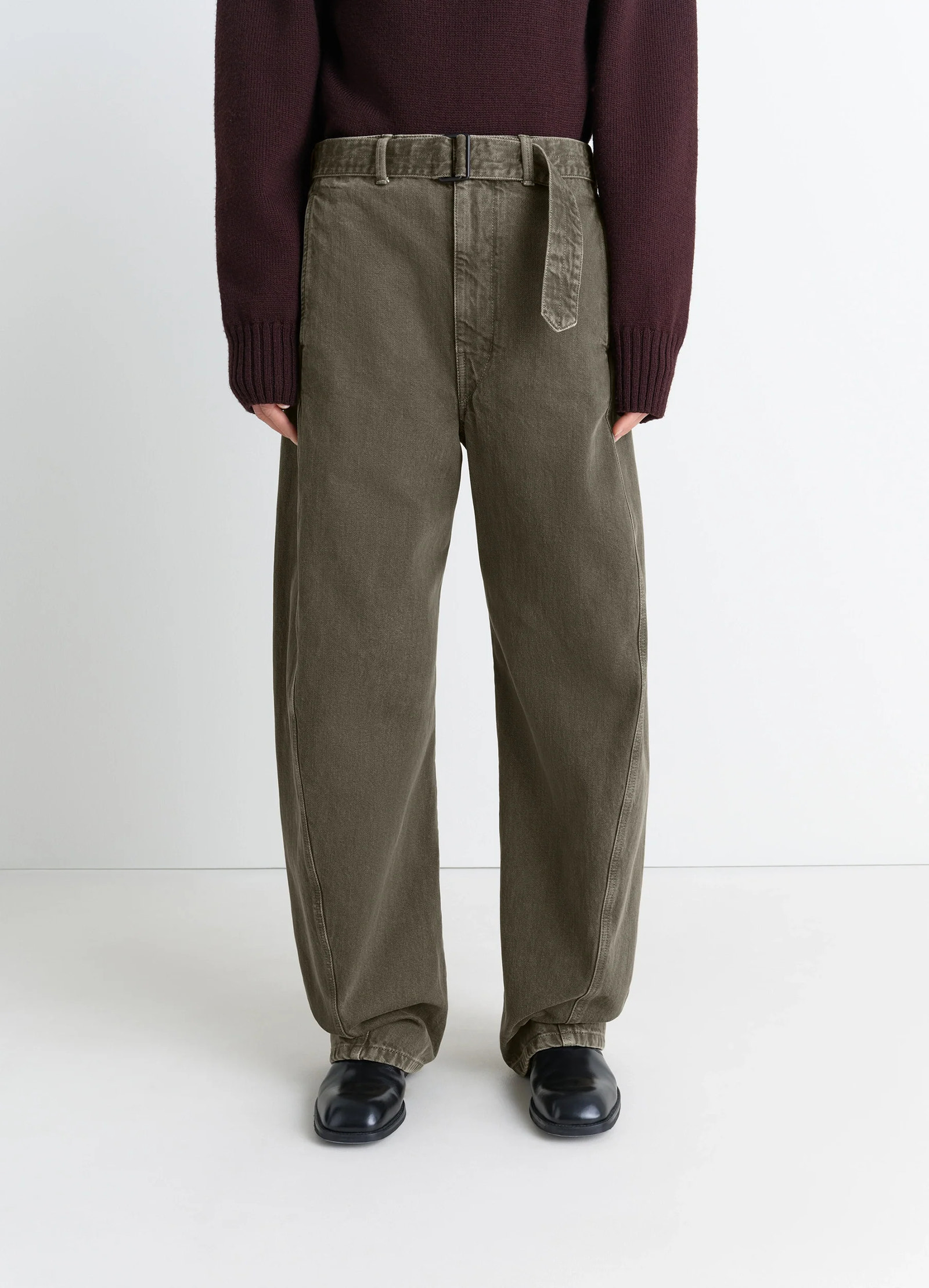 TWISTED BELTED PANTS IN DENIM - Moss Green - Garment Dyed Snow