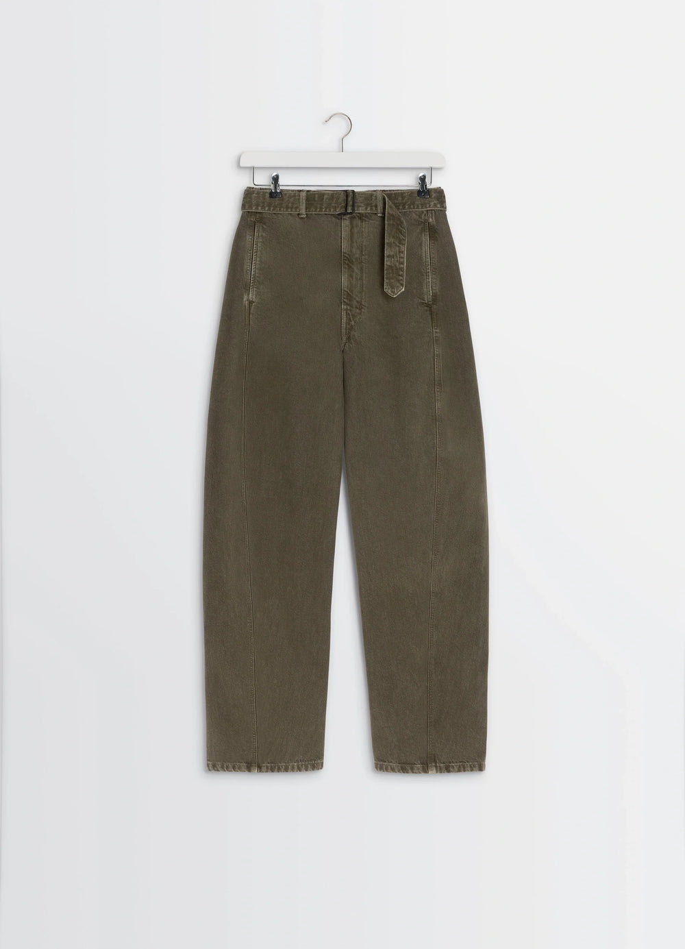 Lemaire Twisted Belted Pants in Snowy Patina Thick Denim, product shot, hanging view tapered leg unisex