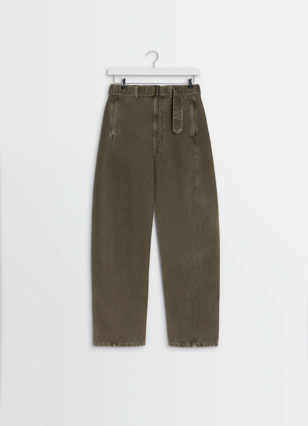 Lemaire Twisted Belted Pants in Snowy Patina Thick Denim, product shot, hanging view tapered leg unisex