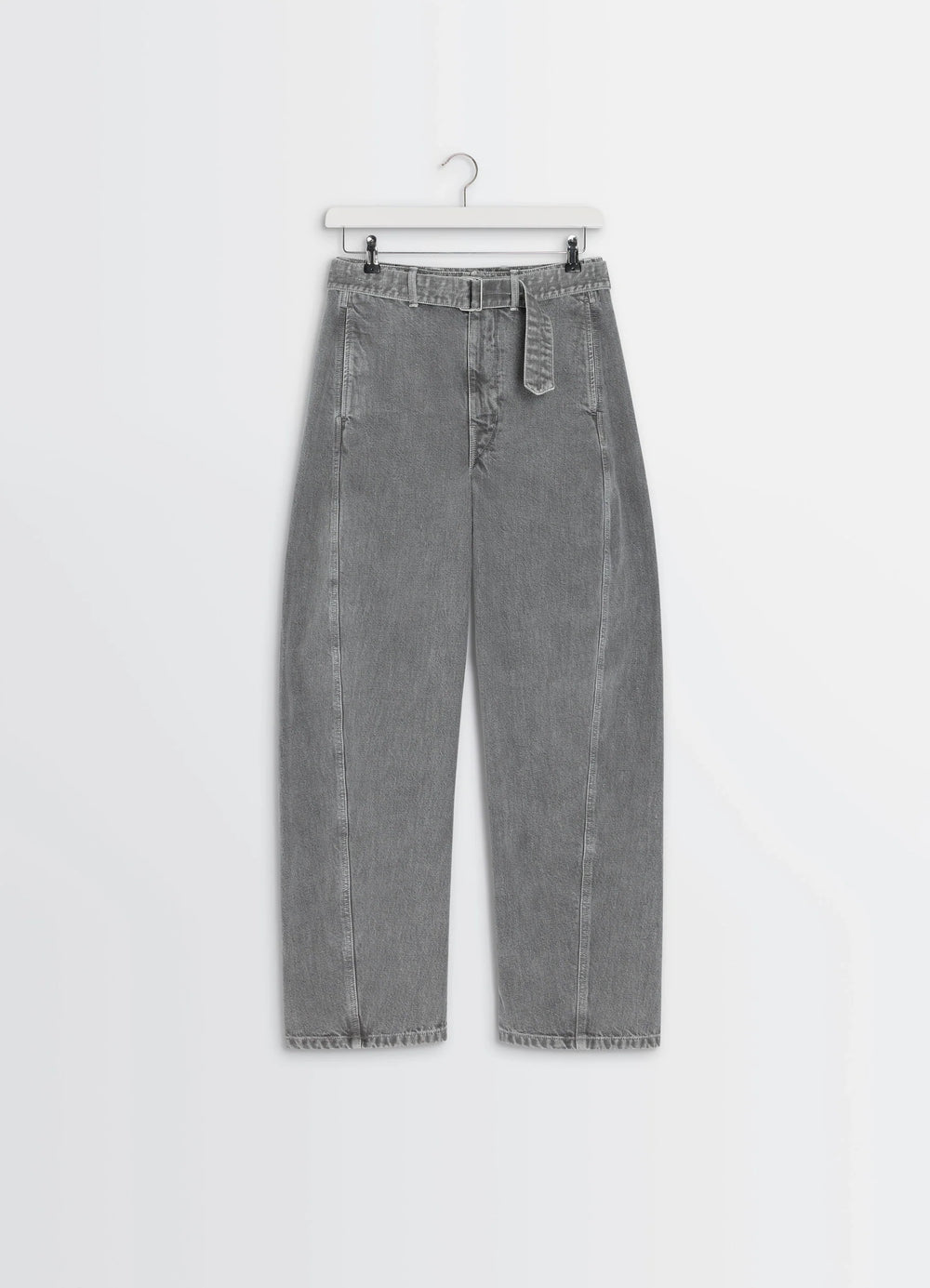 Lemaire Twisted Belted Pants in Snowy Patina Thick Denim, product shot, hanger front view tapered leg silhouette