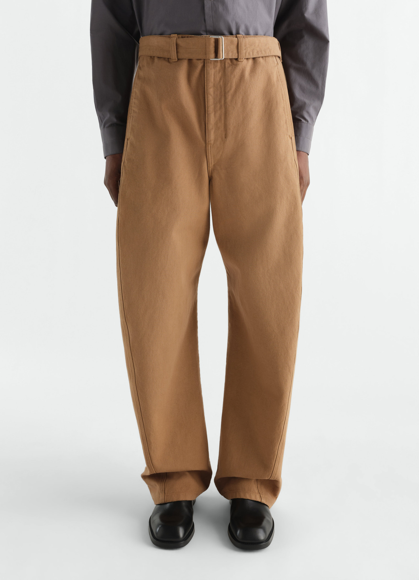 Twisted belted pants in dyed heavy broken twill