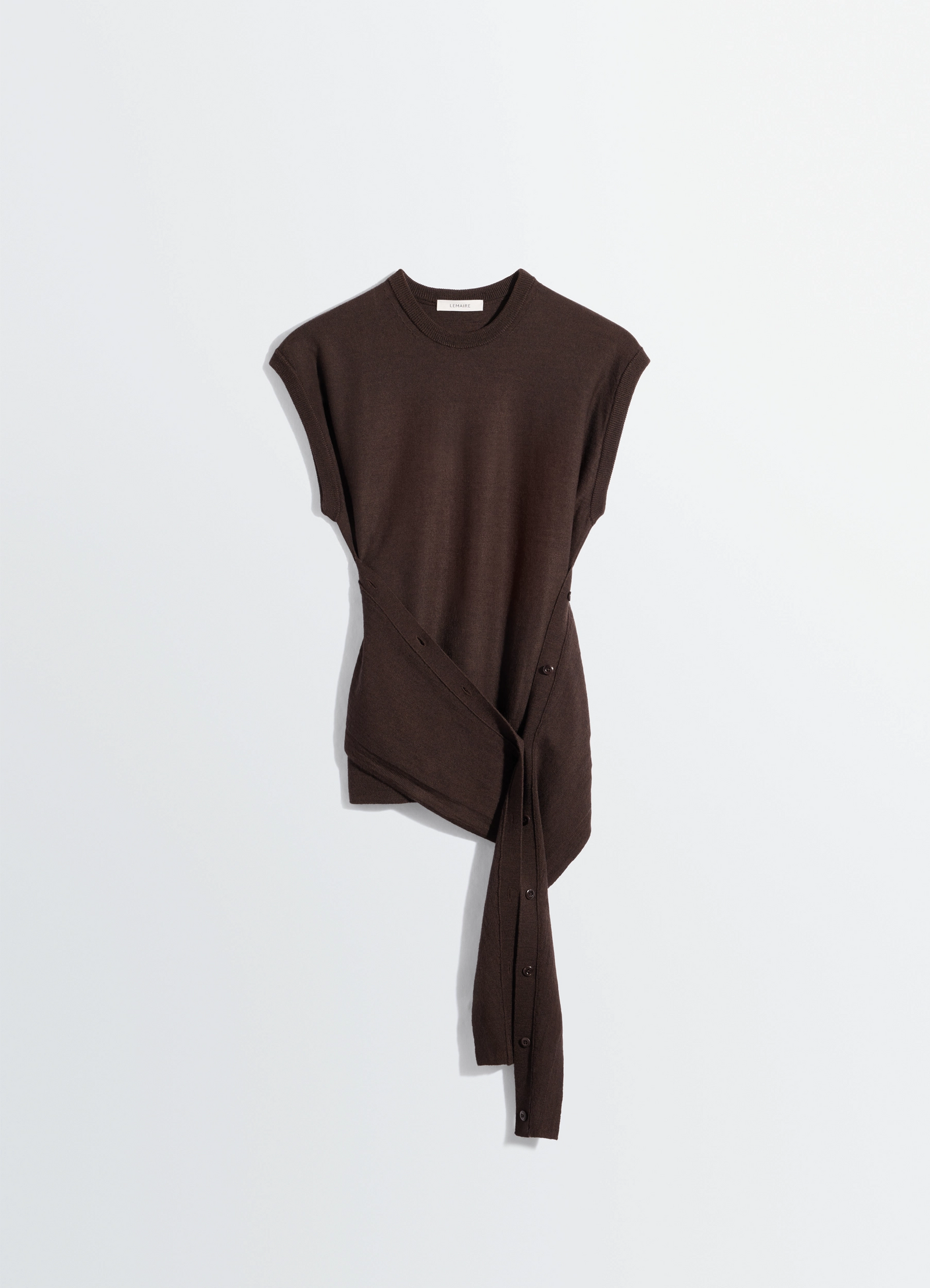 Lemaire sleeveless buttoned top in brown merino blend, product shot, flat lay top view wrap style detail