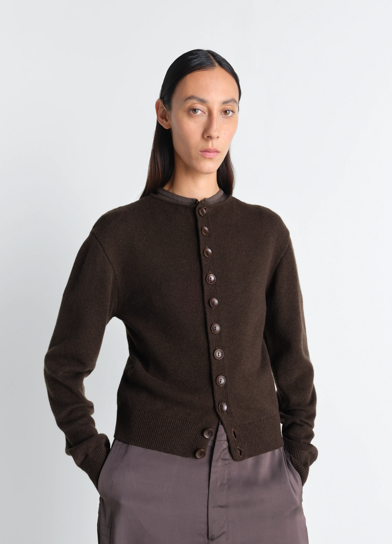 Lemaire reversible buttoned sweater in cashmere wool, model shot, front view crew-neck worn buttoned front