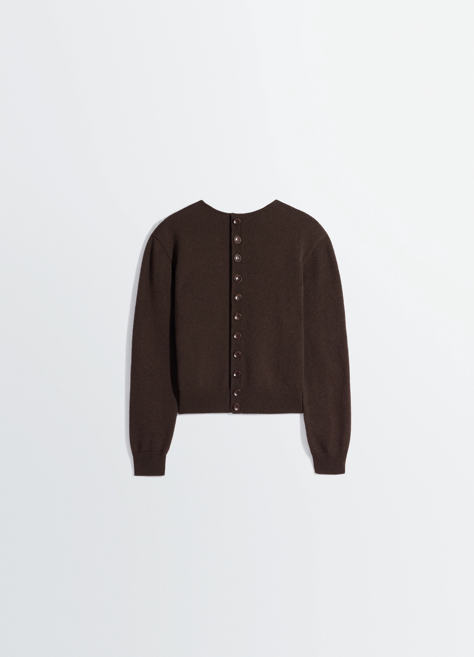 Lemaire reversible buttoned sweater in cashmere wool, product shot, unbuttoned detail back ribbed cuffs and hem