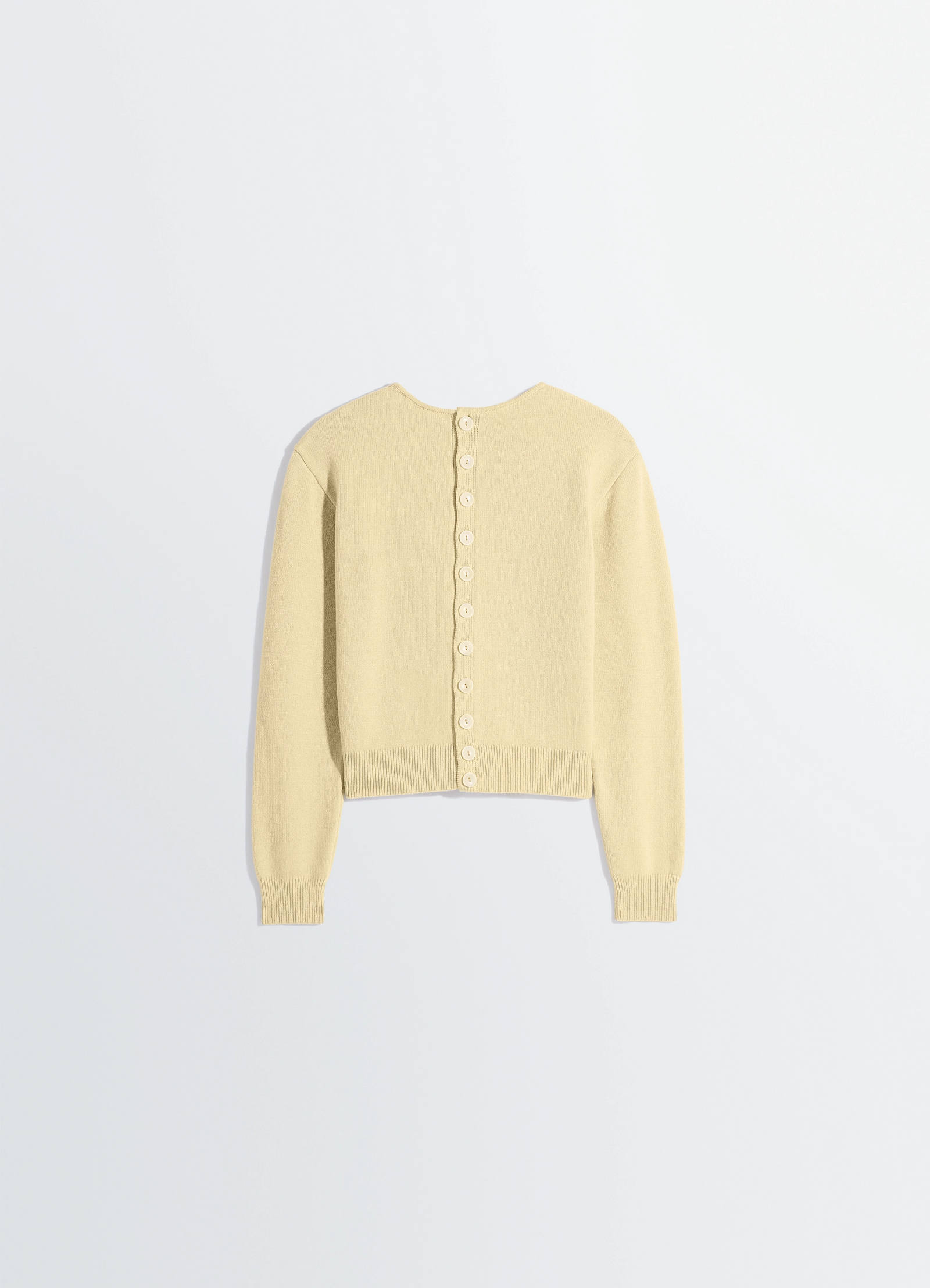 Lemaire reversible buttoned sweater in cashmere wool, product shot, back angle detail view buttoned with scalloped edges
