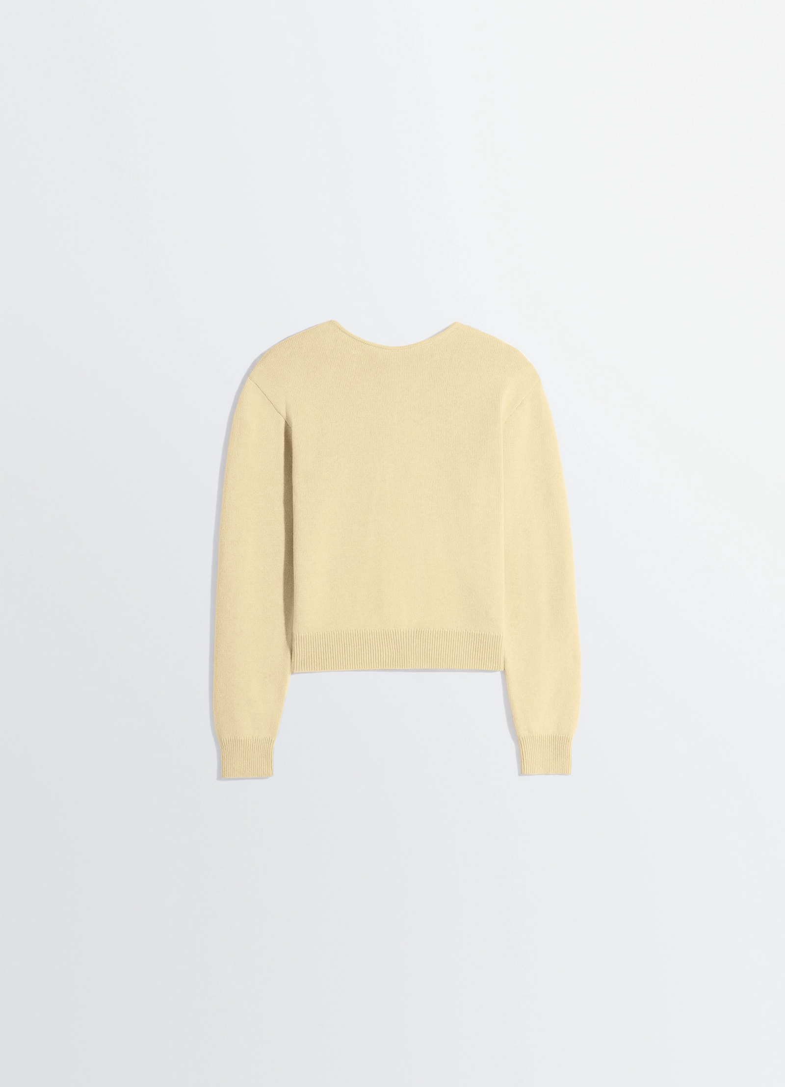 Lemaire reversible buttoned sweater in cashmere wool, product shot, back neckline view straight shoulder cut