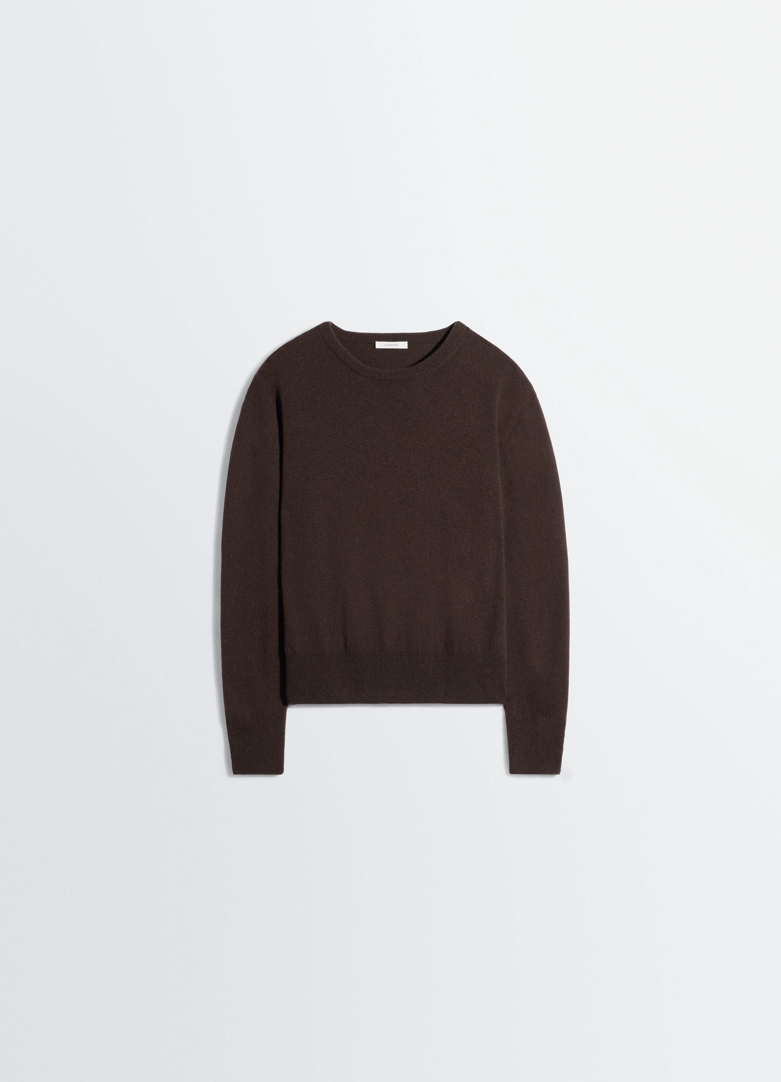 Lemaire crew neck sweater in cashmere wool brown, product shot, overhead flat lay unisex classic cut