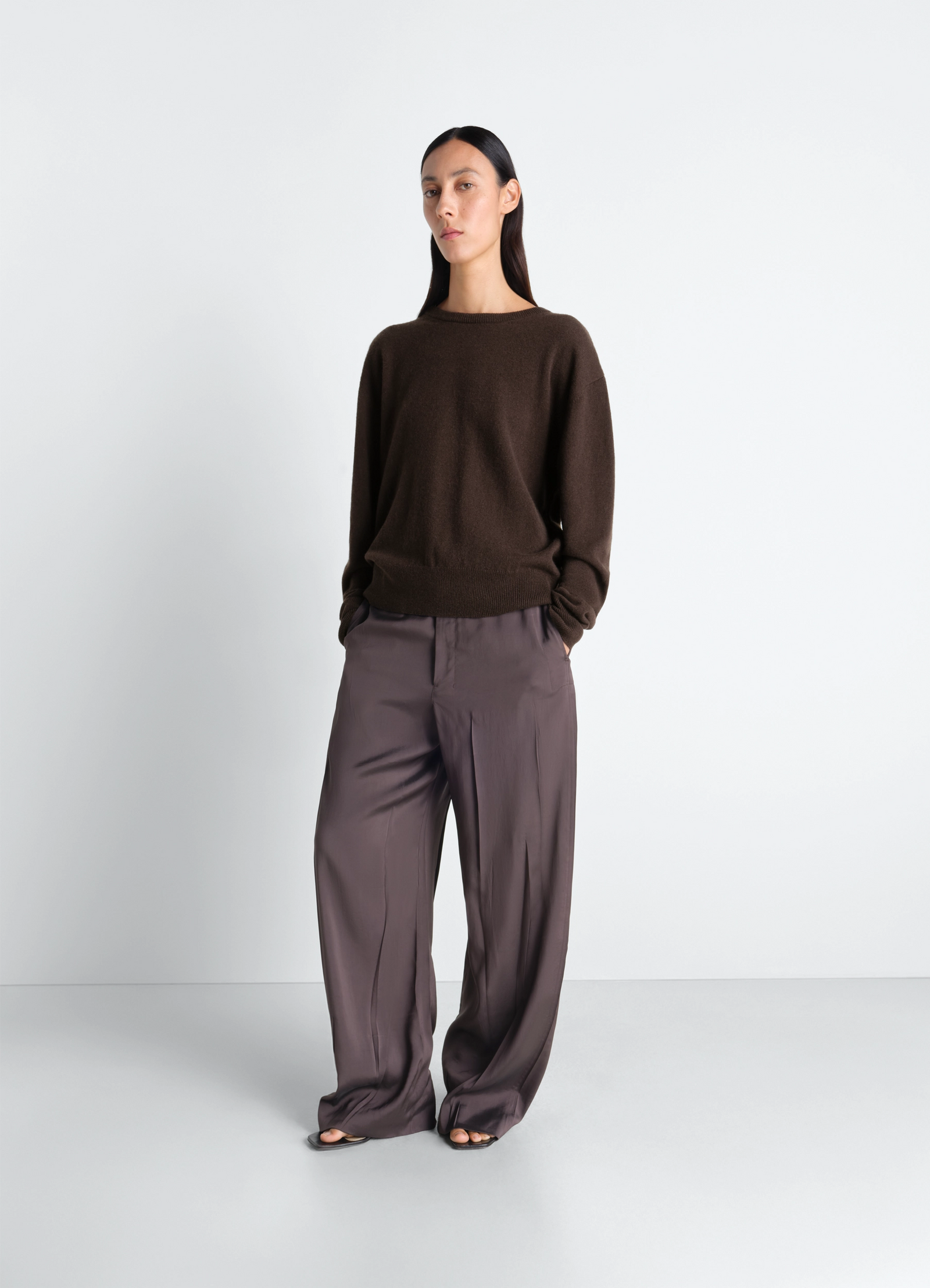 Lemaire crew neck sweater in cashmere wool brown, model shot, three-quarter view relaxed drape