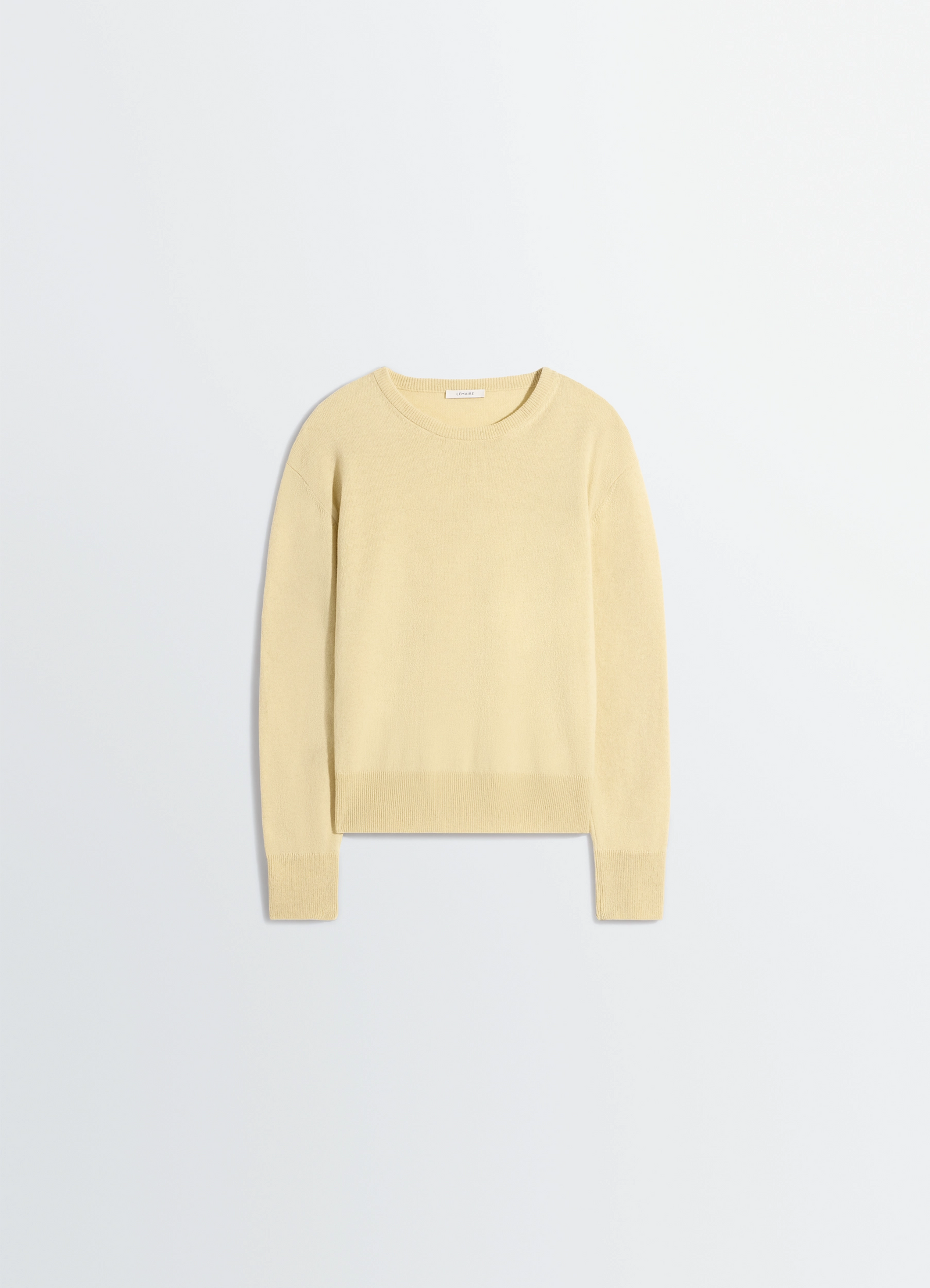 Lemaire crew neck sweater in cashmere wool, product shot, top-down view simple layout, flat