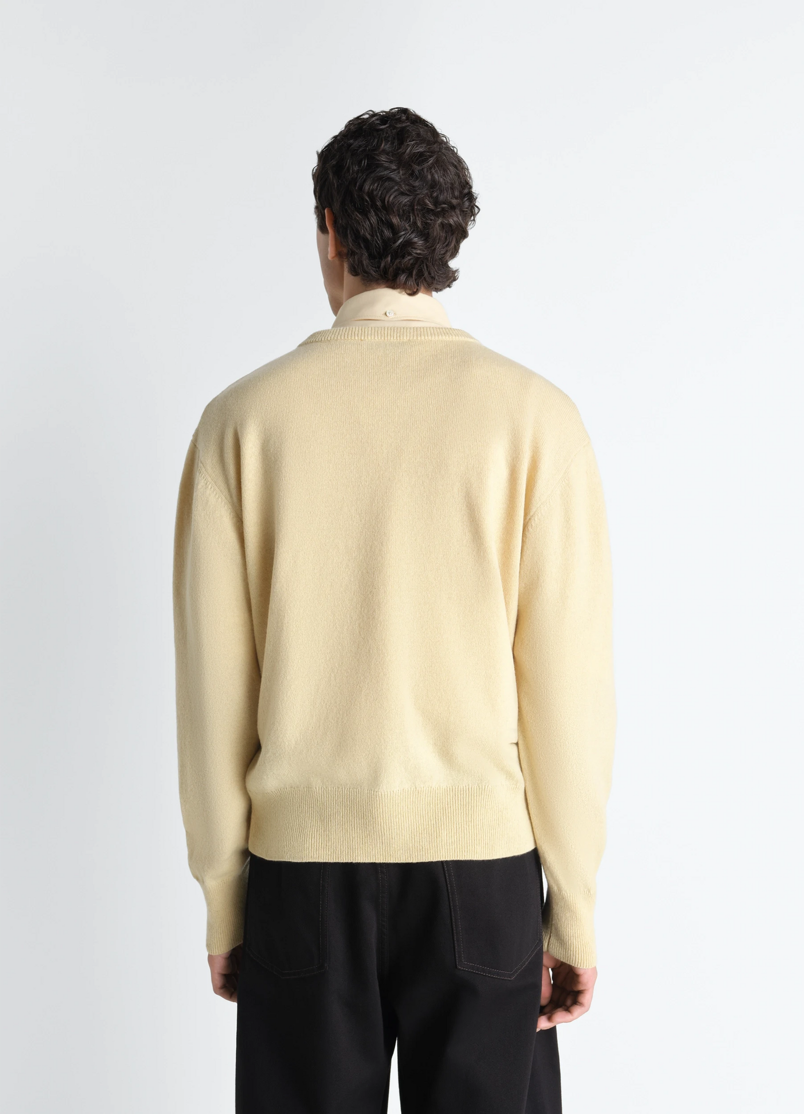 Lemaire crew neck sweater in cashmere wool, model shot, back view worn over collared shirt view 6