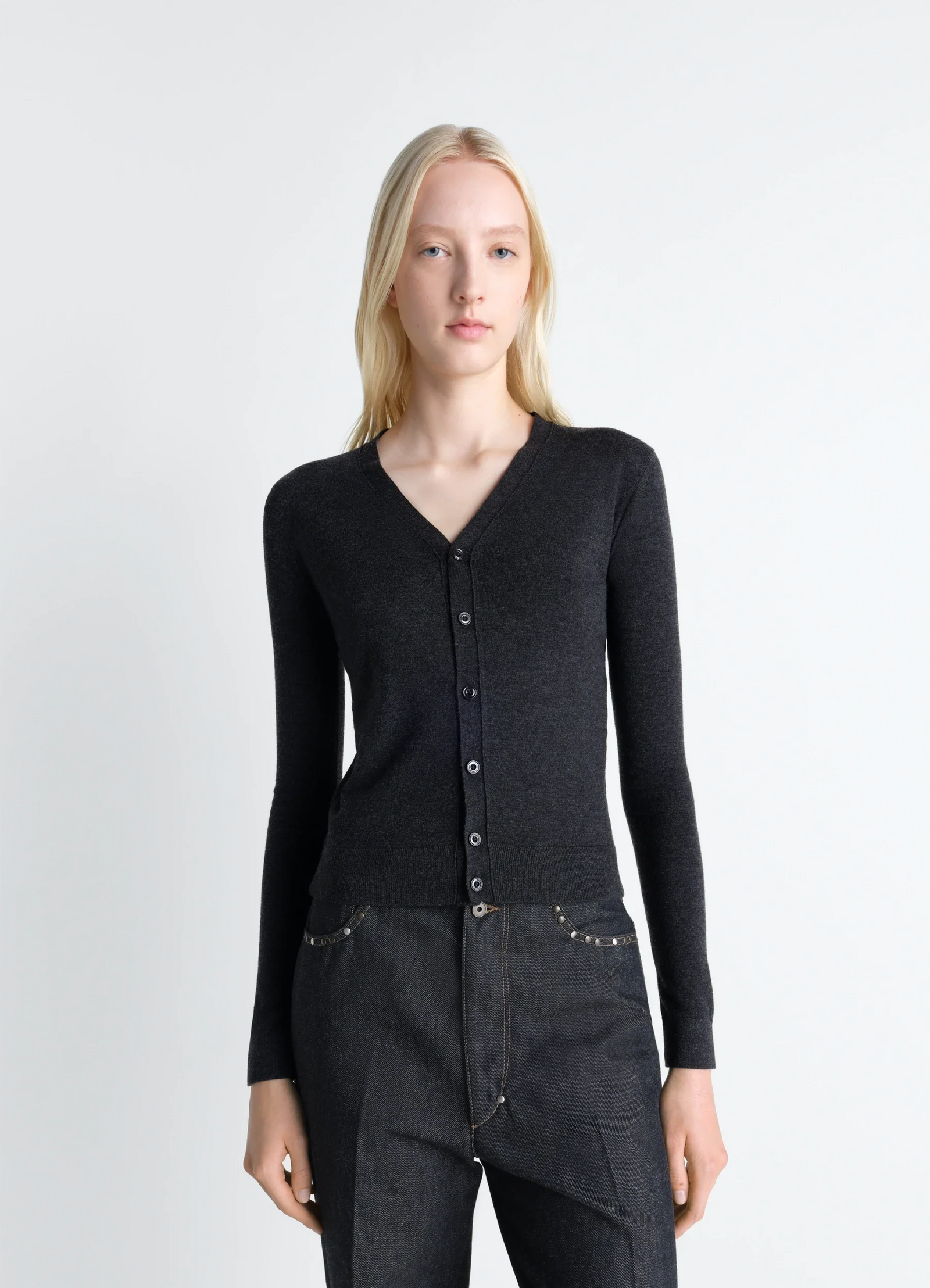 Lemaire v neck buttoned cardigan in fine wool, model shot, front view fitted cut