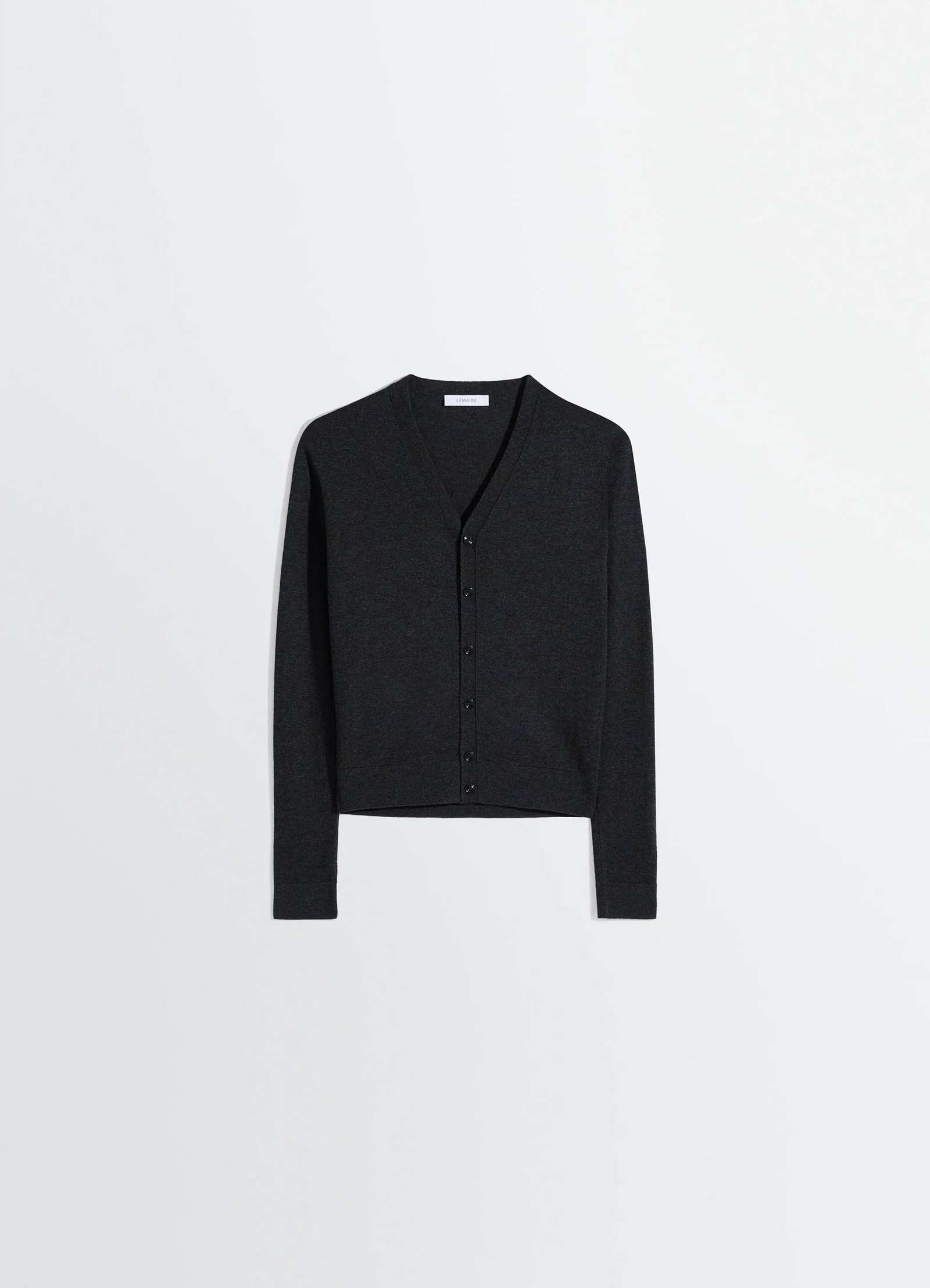 Lemaire v neck buttoned cardigan in fine wool, product shot, top detail shot v-neck longline