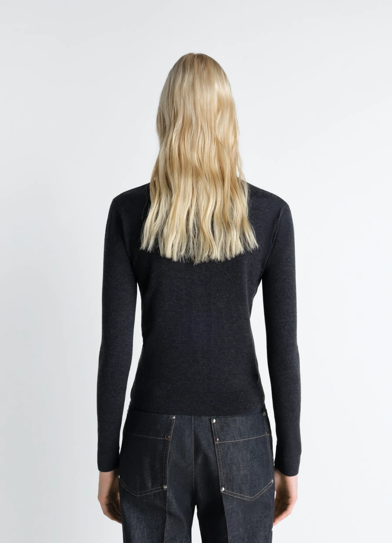 Lemaire v neck buttoned cardigan in fine wool, model shot, back view straight hemline